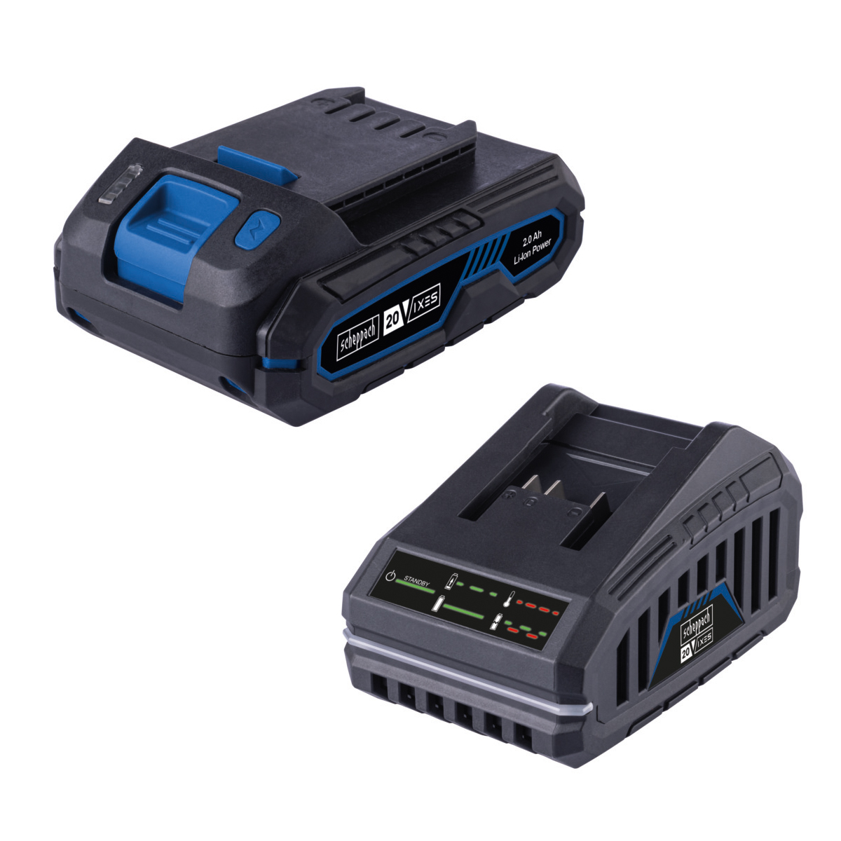 Twee zwarte en blauwe Scheppach 20 V IXES accu's voor elektrisch gereedschap. Eén heeft een batterij-indicator. Beide op een witte achtergrond.