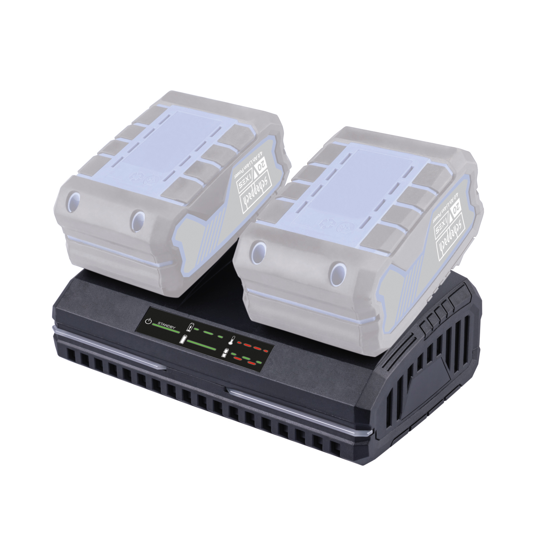 Een acculader met twee batterijen erbovenop. De lader is zwart, de batterijen zijn lichtgrijs met blauwe bovenkanten.