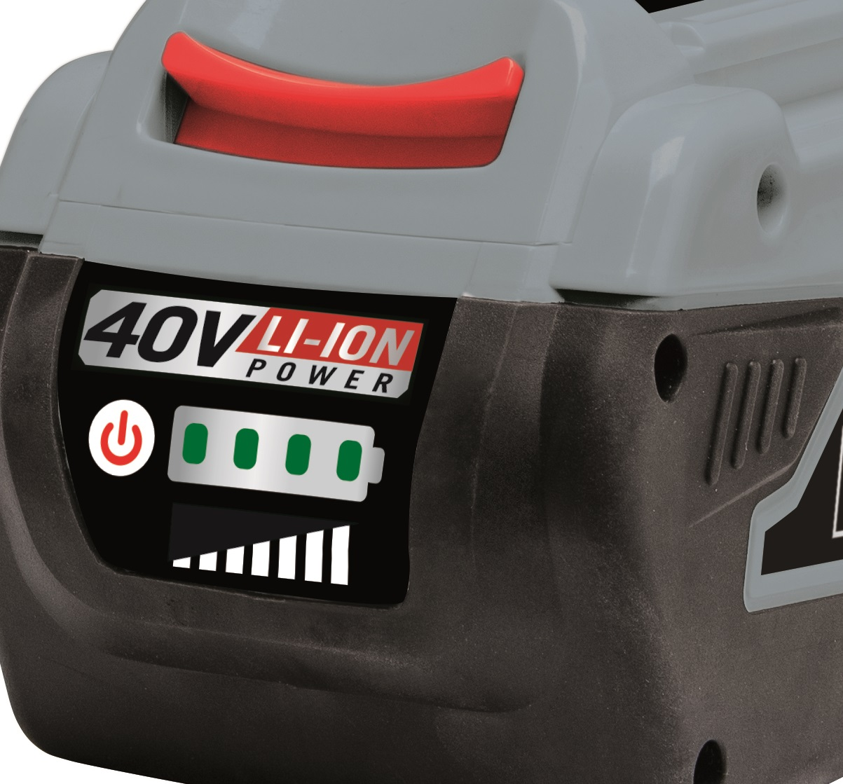 Close-up van een zwart en grijs 40V Li-ion batterijpakket. Het heeft een rode knop, een aan/uit-knop en een batterijniveau-indicator.