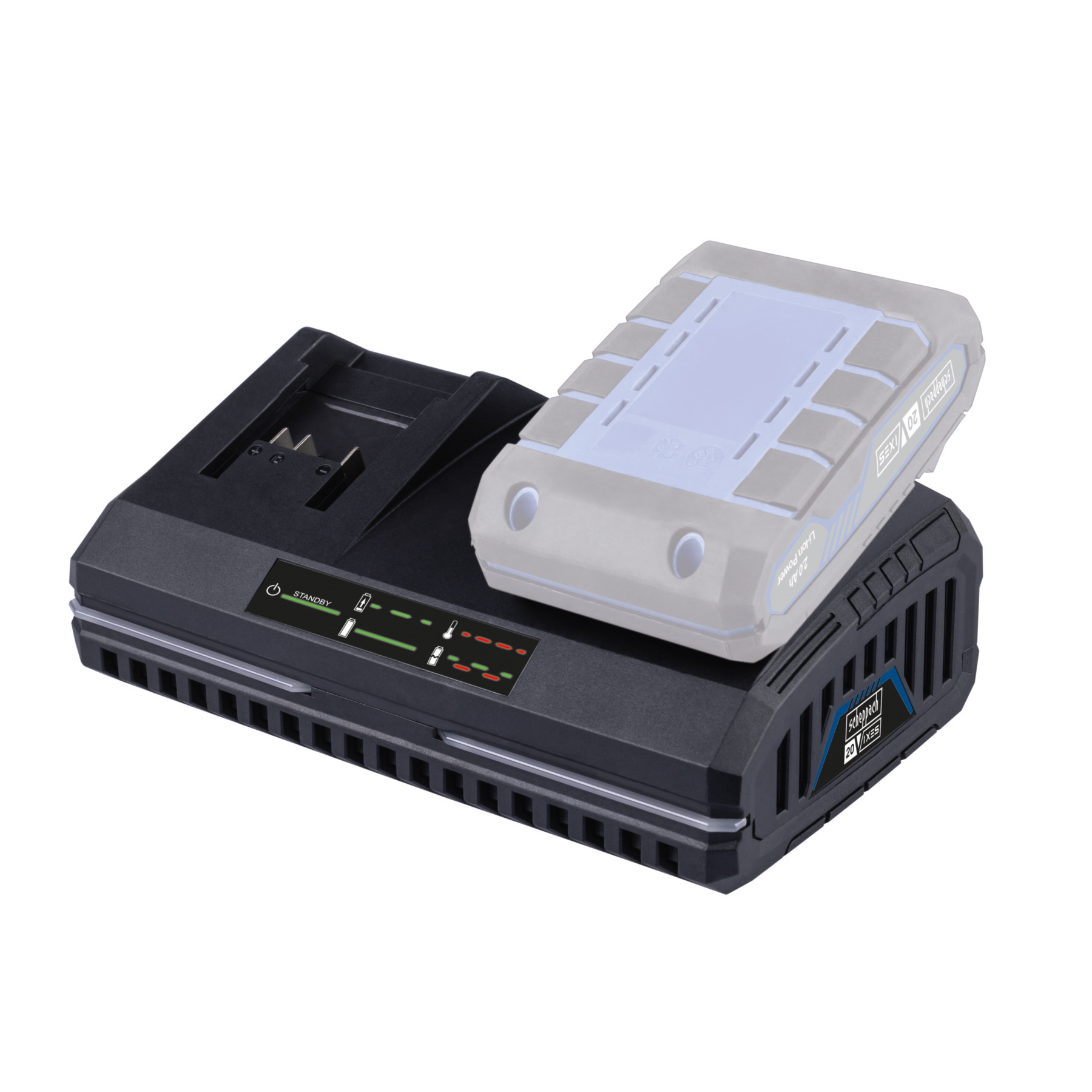 Een zwarte acculader met een wit en grijs batterijpakket erop. De lader heeft een statusdisplay.