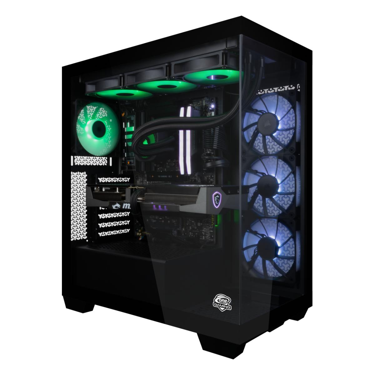 Ein schwarzes Computergehäuse mit grünen und blauen Lichtern. Eine transparente Seitenwand zeigt die Hardware.