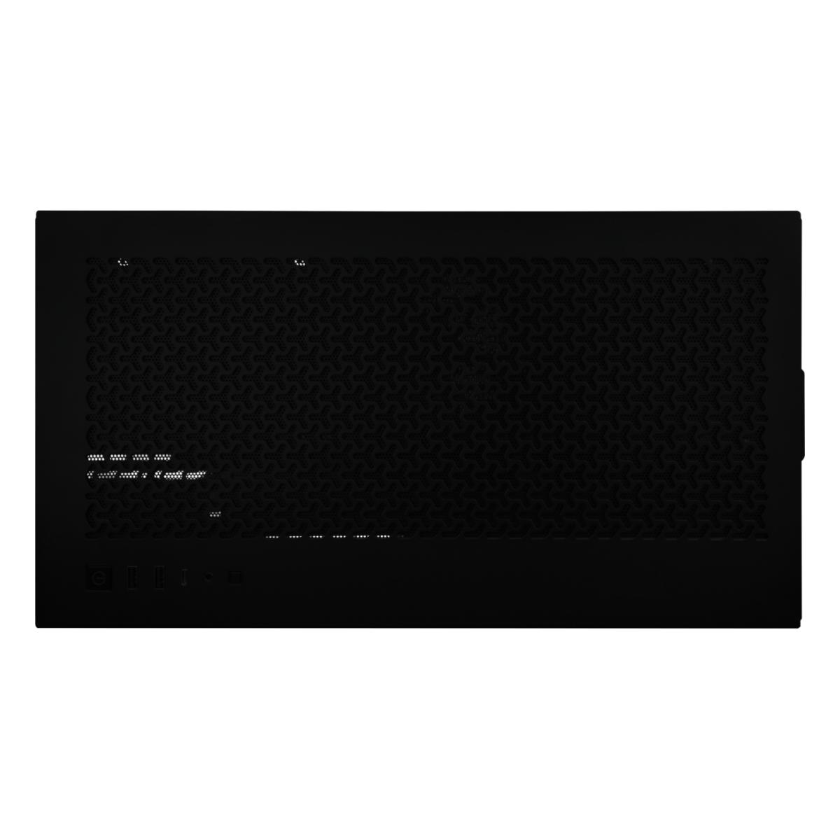 Ein schwarzes Computergehäuse. Die Frontplatte hat ein Mesh-Design. Unten befinden sich Anschlüsse und Tasten. Das Gehäuse ist rechteckig.