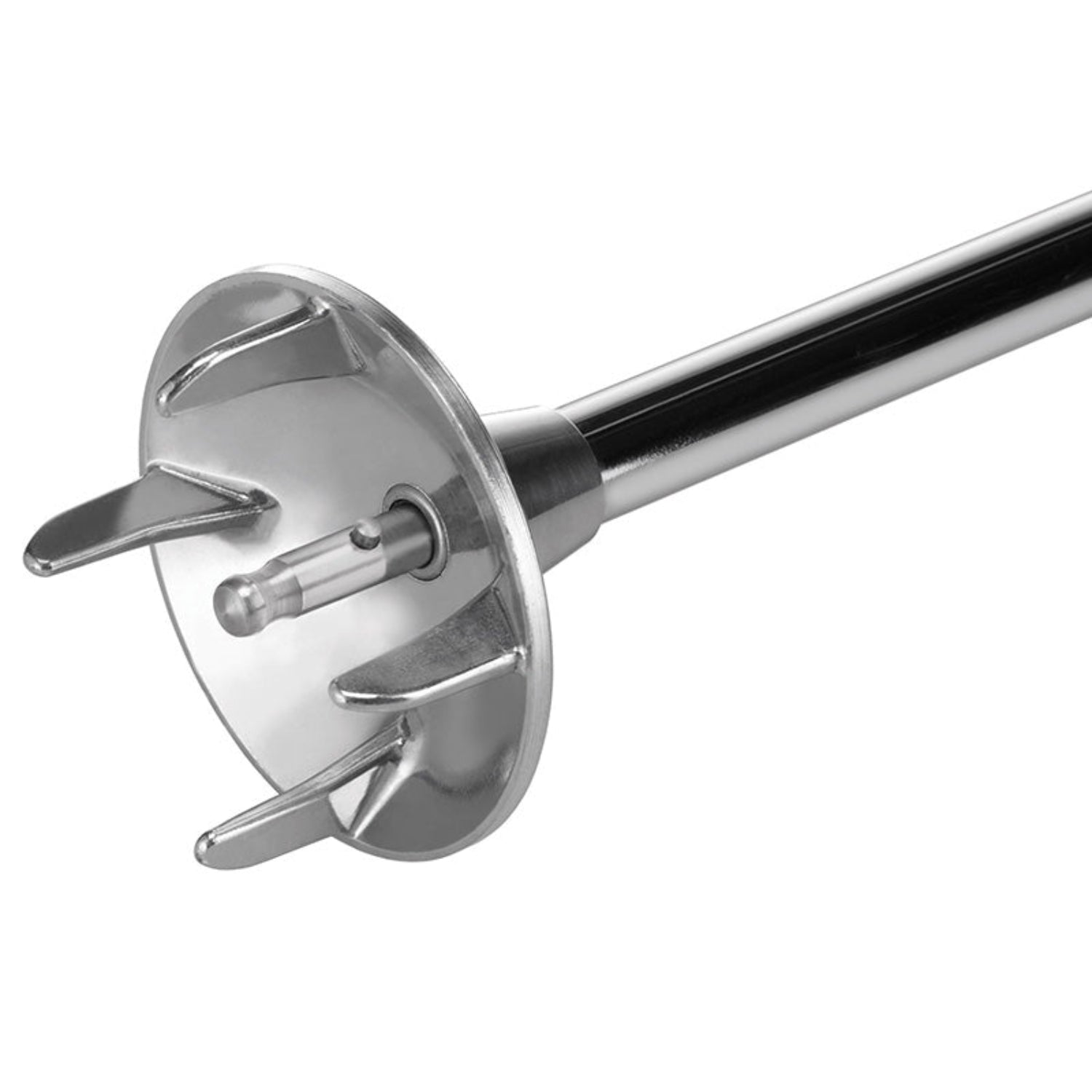 Una cuchilla mezcladora de acero inoxidable con cabezal redondo y tres cuchillas, unida a un largo y brillante eje de metal. Aislado en blanco.