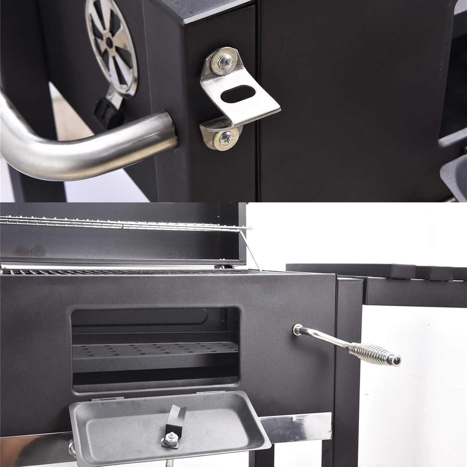 Nahaufnahme eines schwarzen Grills mit silbernem Griff, Lüftungsschlitz und Tür. Der Grill hat einen Metallrost und eine untere Ablage.