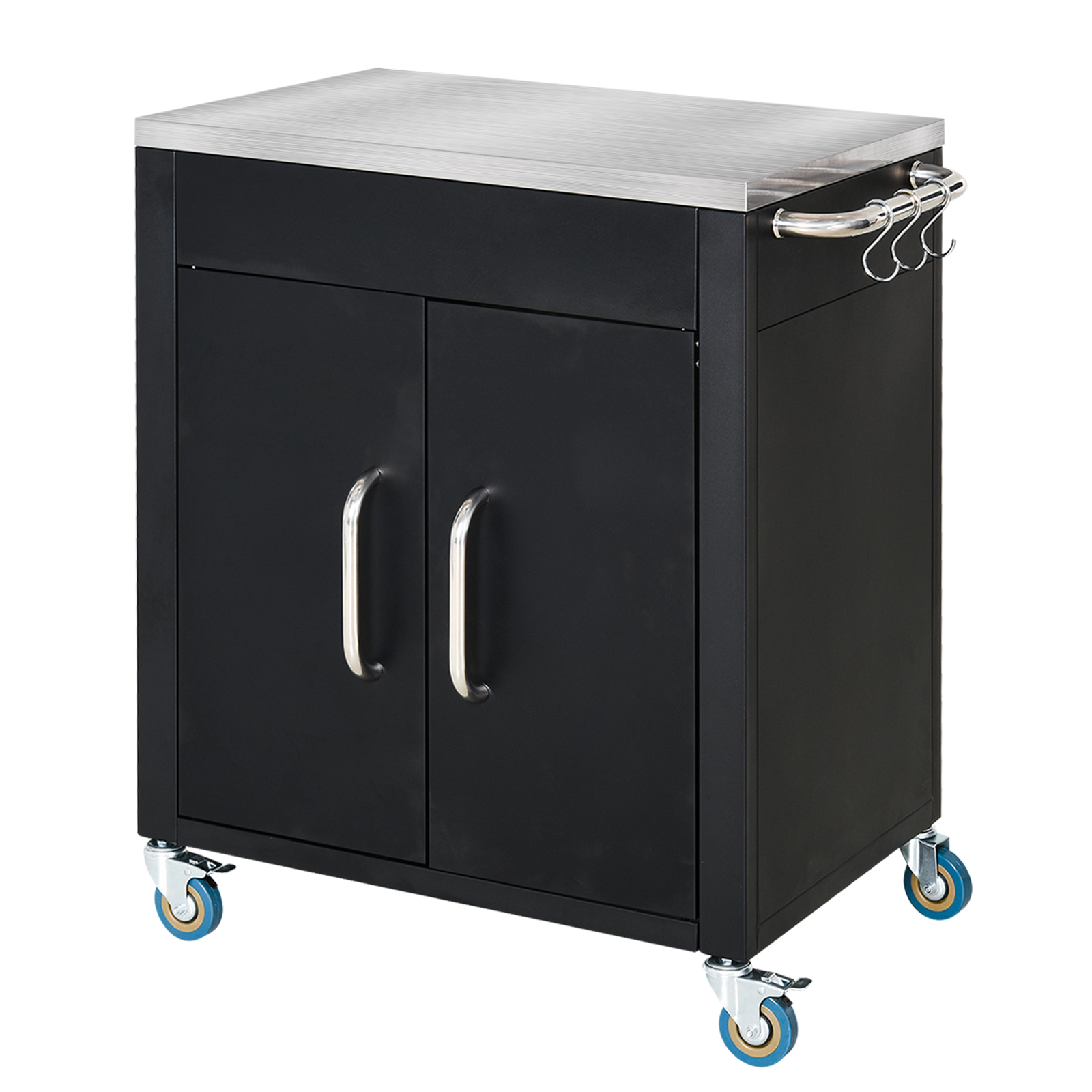 Carrello da cucina nero da esterno con piano in acciaio inox, due ante, maniglia, ganci e ruote.