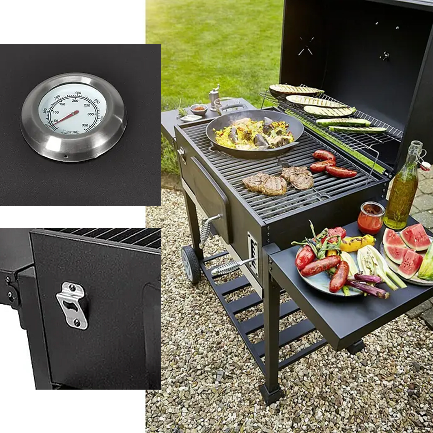 Ein schwarzer Grill mit Essen, das darauf zubereitet wird. Es gibt Würstchen, Gemüse und Wassermelone. Ein Thermometer ist auf dem Grill.