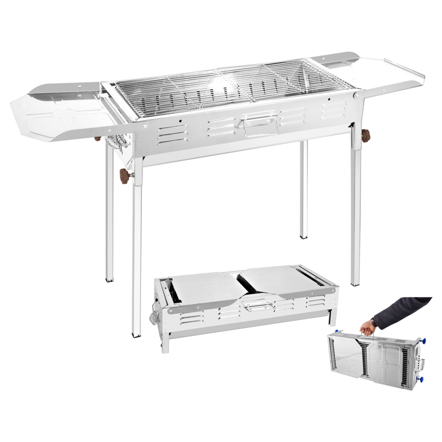 Una griglia per barbecue in acciaio inossidabile con griglia, ripiani laterali e braciere rimovibile. Una mano tiene una sezione della griglia.