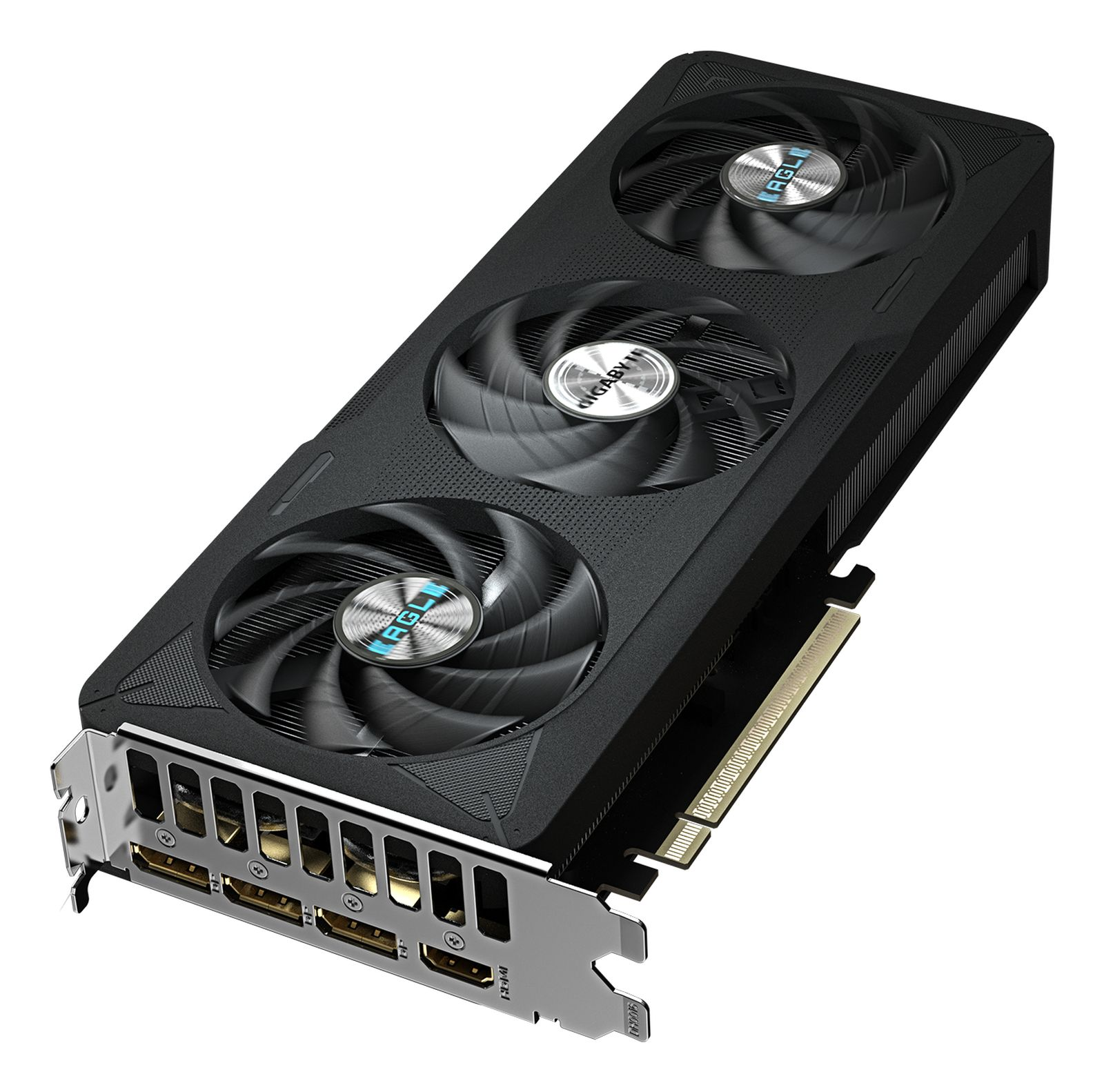 Una scheda grafica nera con tre ventole, il marchio è Gigabyte. Ha più porte e una finitura metallica.