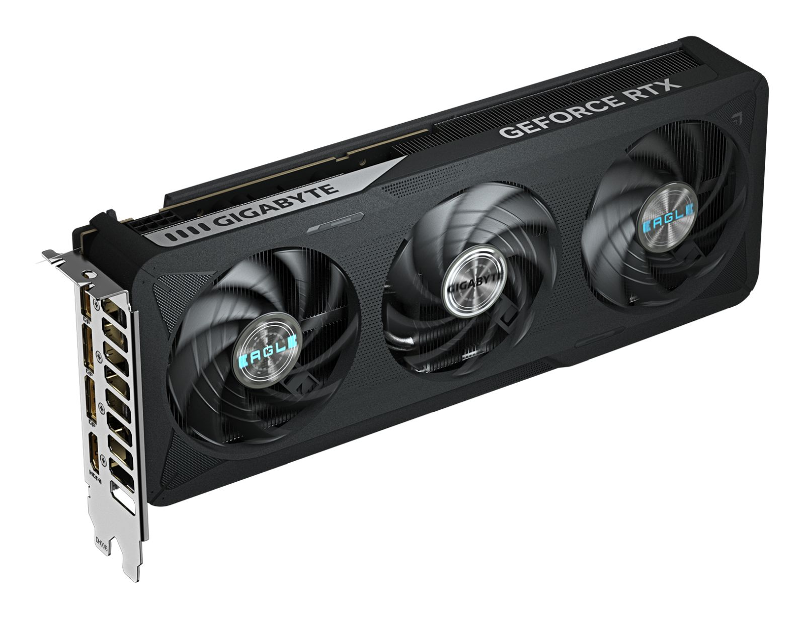 Una scheda grafica Gigabyte GeForce RTX nera e argento con tre ventole, porte visibili e la scritta GeForce RTX.