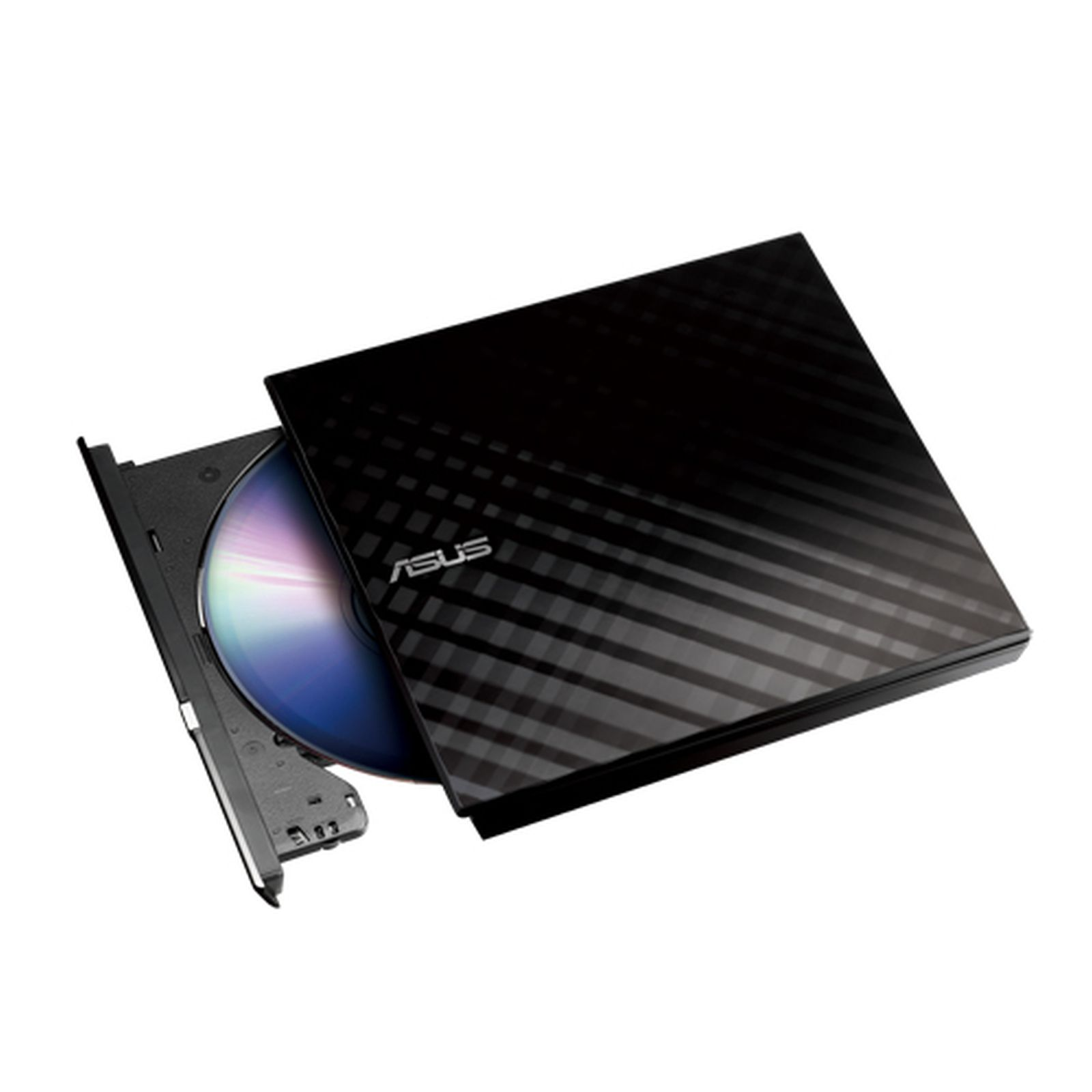 Lettore CD/DVD esterno Asus nero con disco. L'unità è parzialmente aperta, su sfondo bianco.