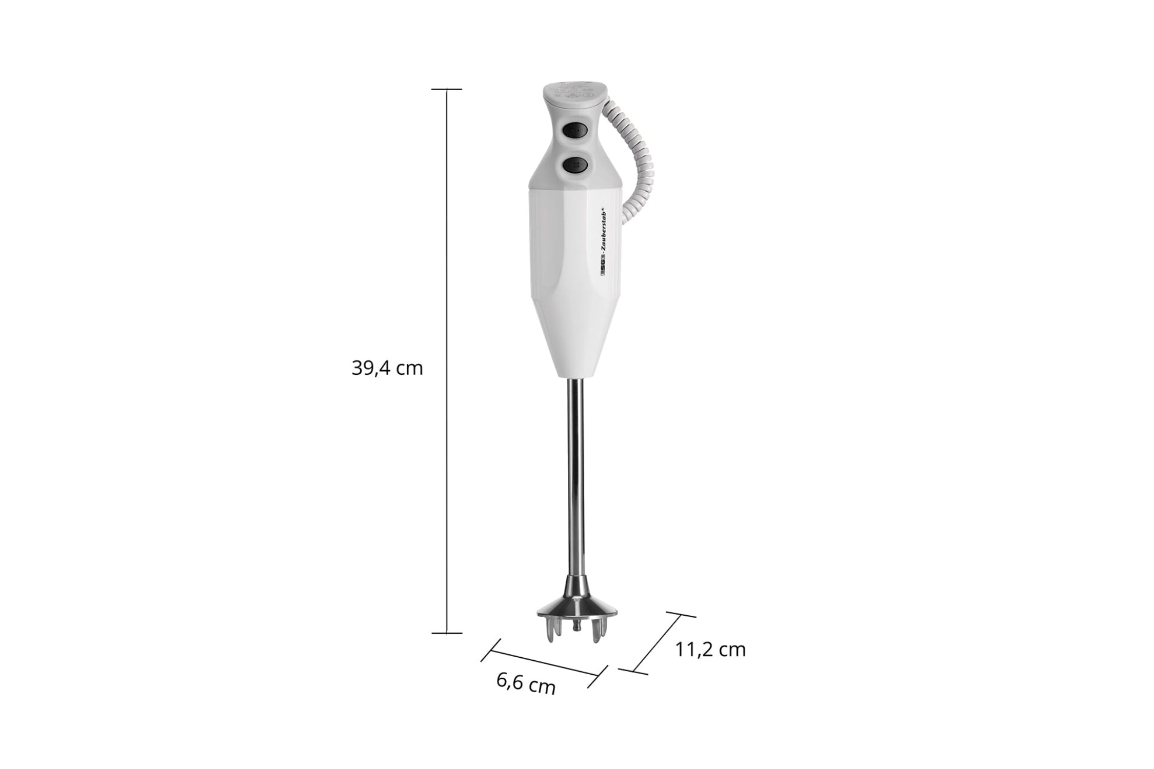 Biały blender ręczny z ostrzem ze stali nierdzewnej. Wymiary: 39,4 cm wysokości, 6,6 cm szerokości i 11,2 cm średnicy.