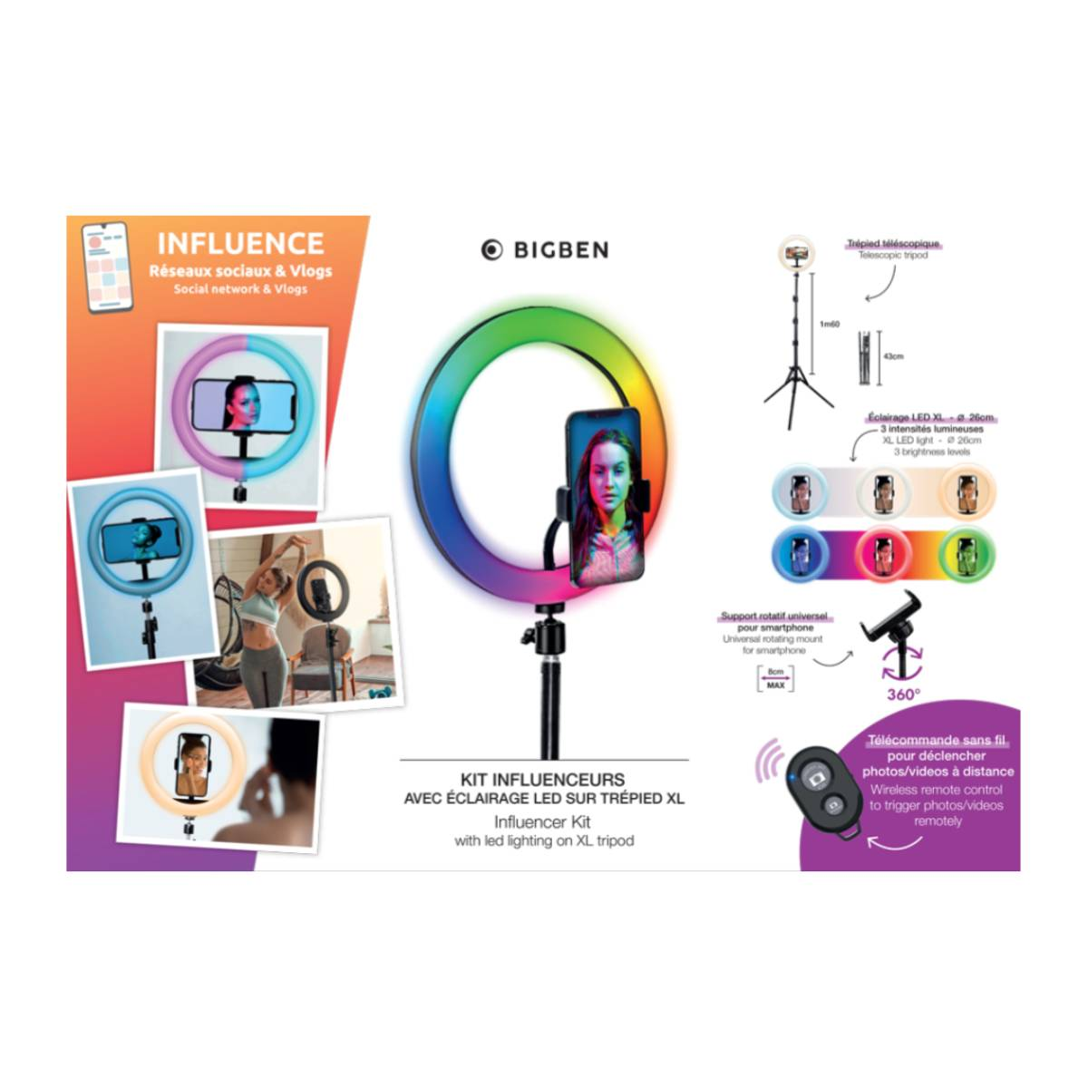 Un kit influenceur avec anneau lumineux, support téléphone, trépied et télécommande. Images montrent le produit utilisé.