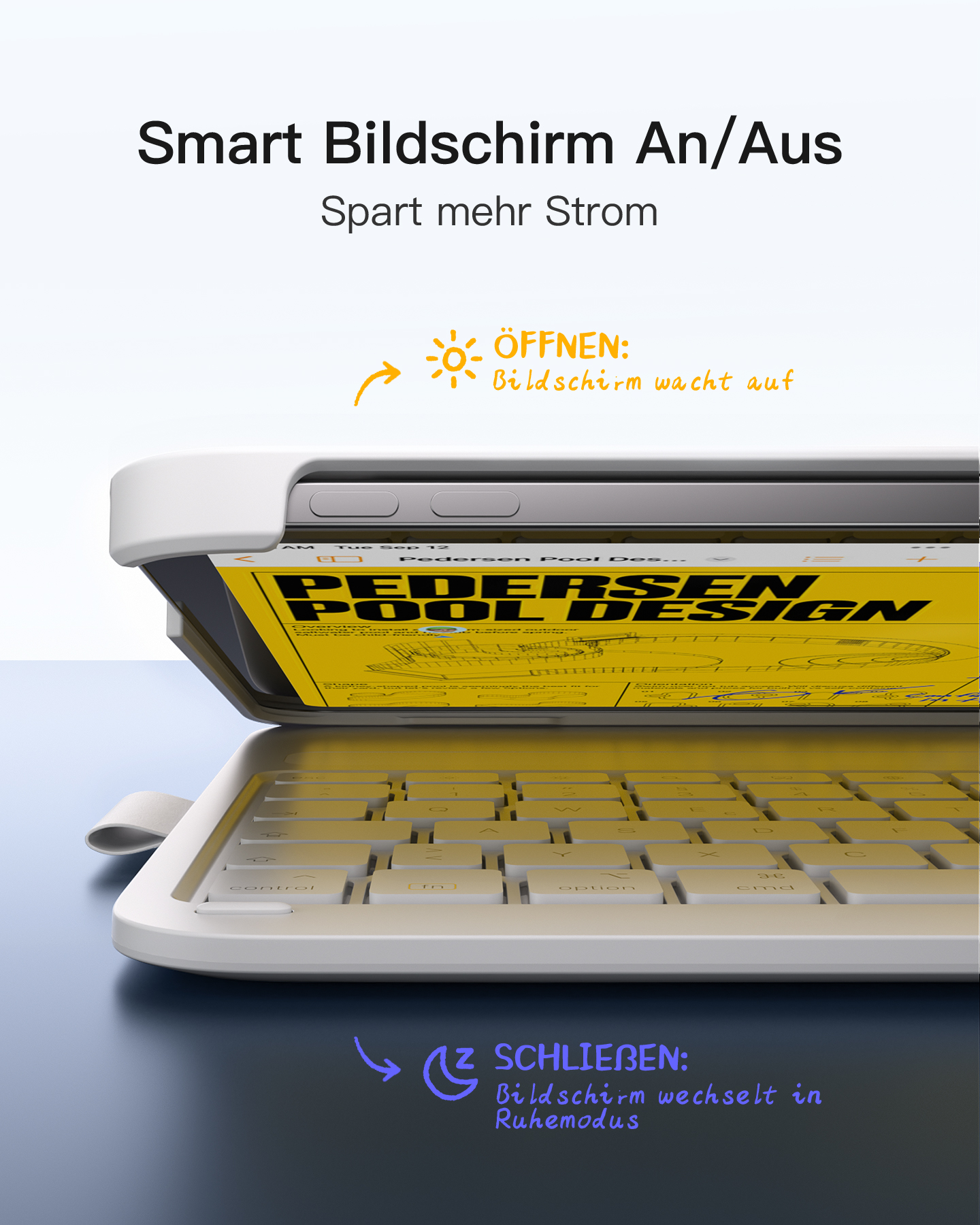 Eine weiße Tastatur mit einem Tablet, das ein gelbes Design zeigt. Über dem Text steht 'Smart Bildschirm An/Aus' und 'Spart mehr Strom'.