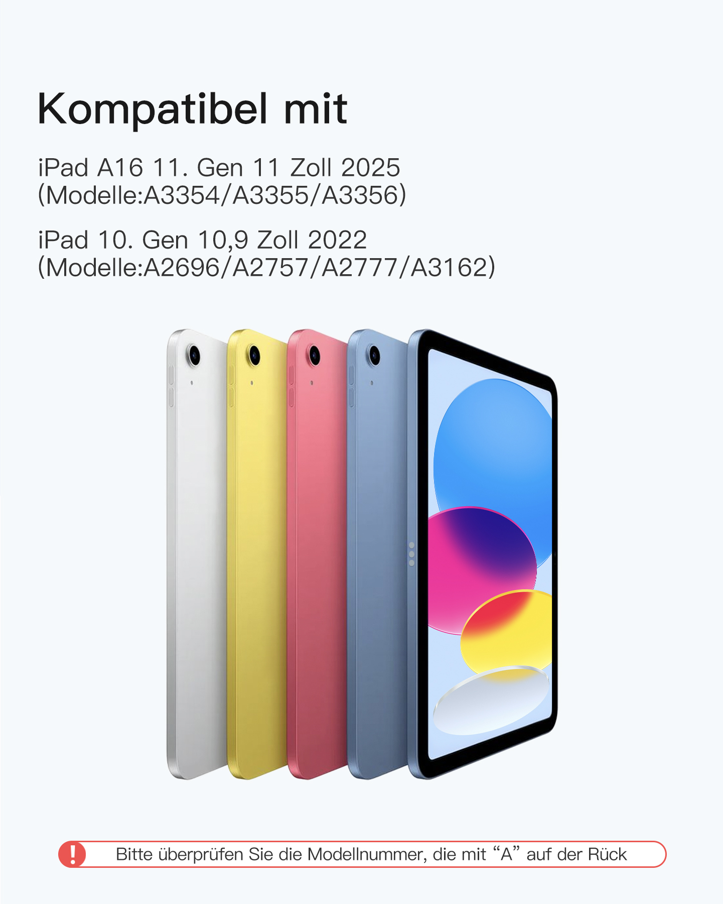 Das Bild zeigt iPads in verschiedenen Farben. Text weist auf die Kompatibilität mit bestimmten iPad-Modellen hin. Unten ist ein Vorsichtssymbol.