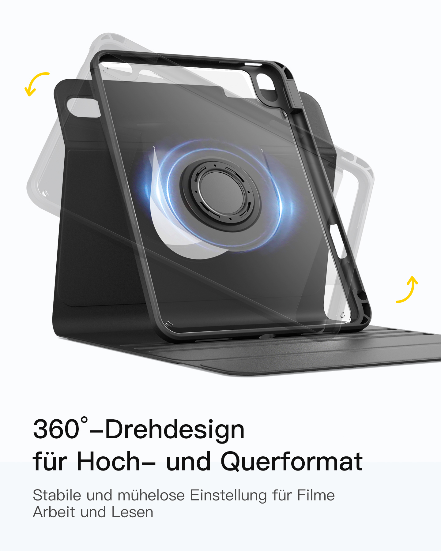 Schwarze Tablet-Hülle mit drehbarem Ringständer. Pfeile zeigen 360-Grad-Drehung. Text unten. Hülle steht.