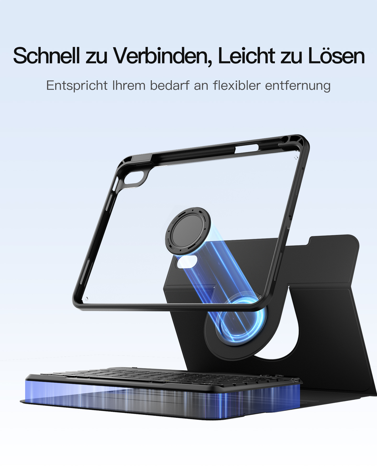 Tablet-Hülle mit Tastatur. Schwarzer Rahmen, transparente Rückseite und Ringhalter. Die Tastatur befindet sich unten. Der Hintergrund ist blau verlaufend.