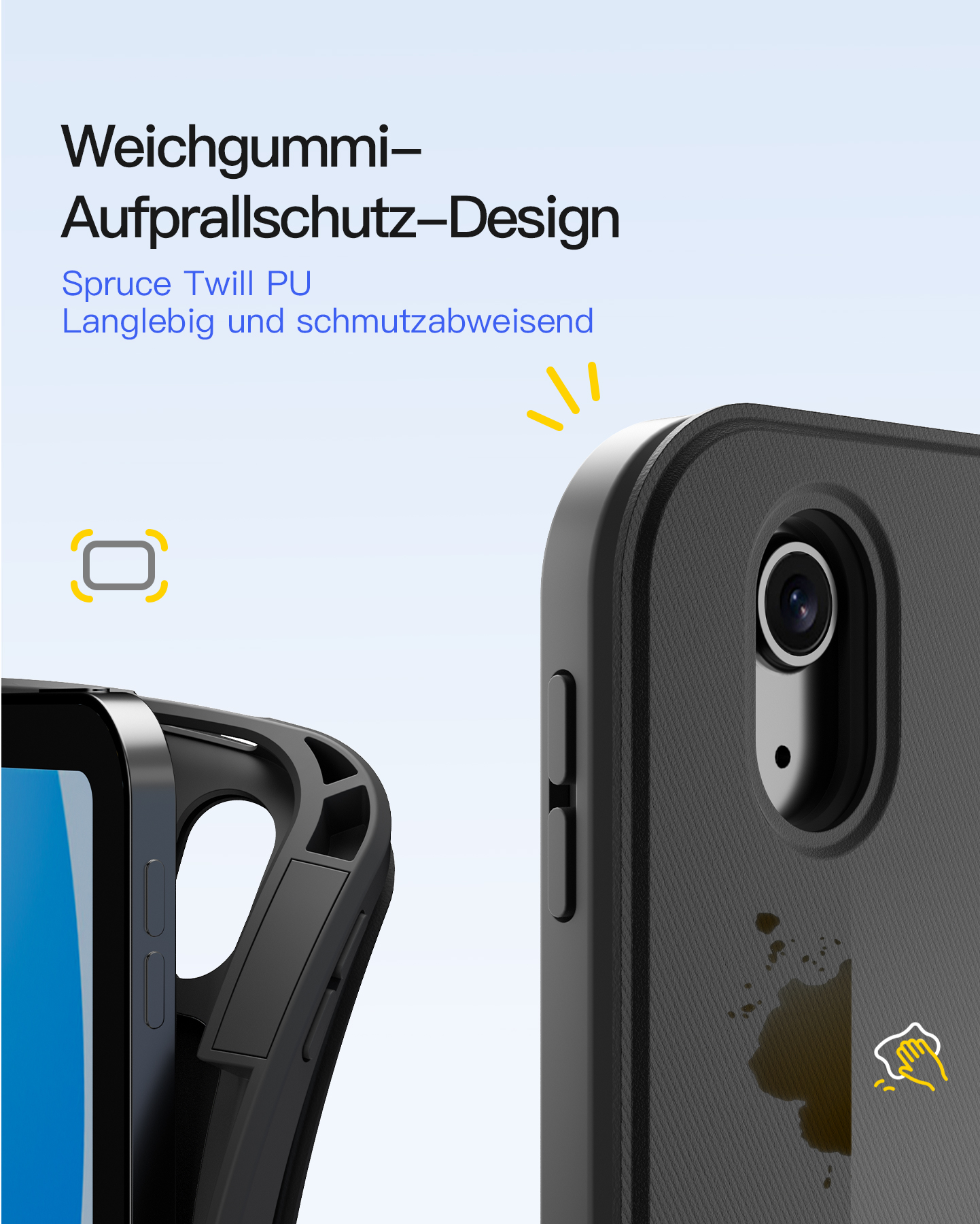 Das Bild zeigt eine schwarze Handyhülle mit Kamera. Text auf Deutsch beschreibt Aufprallschutz. Ein Fleck ist sichtbar.
