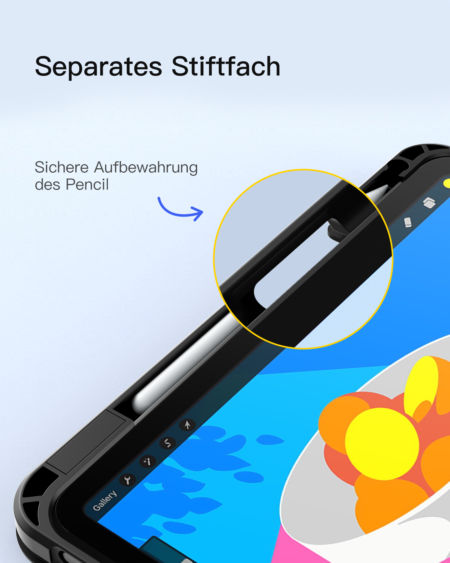Eine schwarze Tablethülle zeigt einen Stift in einem Schlitz. Der Text lautet 'Separates Stiftfach'. Ein gelber Kreis hebt die Stiftaufbewahrung hervor.
