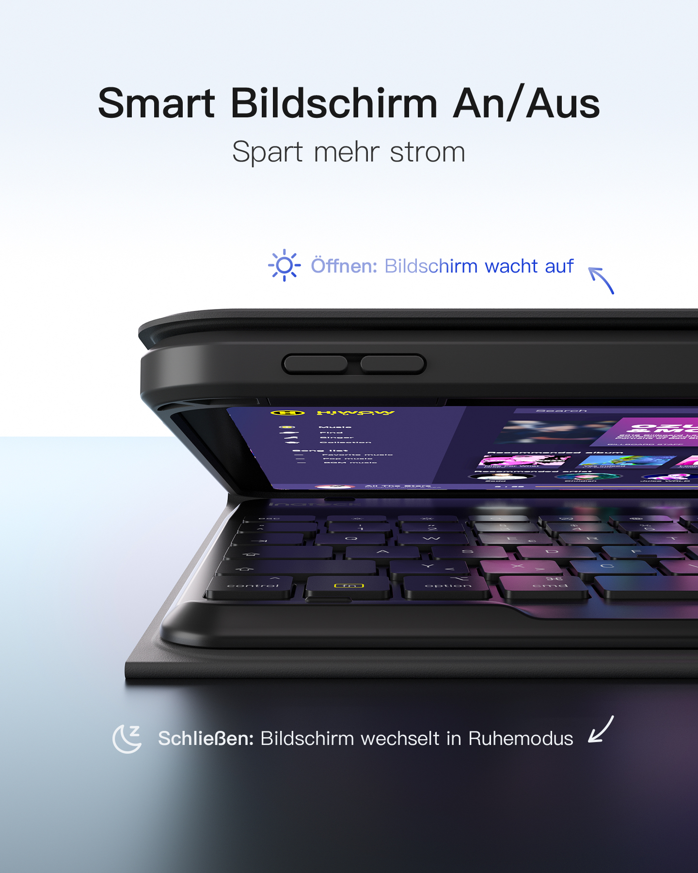 Eine schwarze Tastatur mit Bildschirm, der eine Musik-App anzeigt. Oben steht 'Smart Bildschirm An/Aus'.