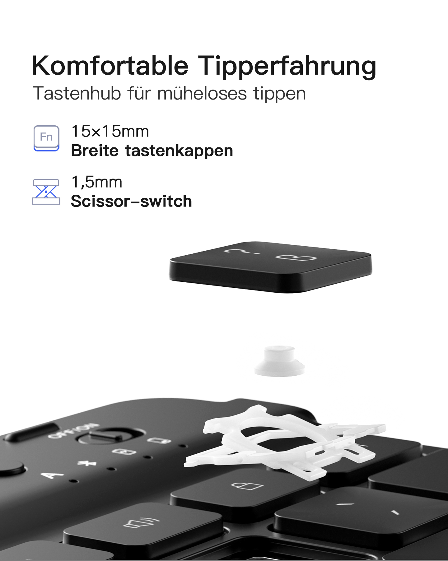 Nahaufnahme einer Tastatur mit abgenommener Taste, Scherenmechanismus und weißer Komponente. Der Hintergrund ist weiß mit Text.