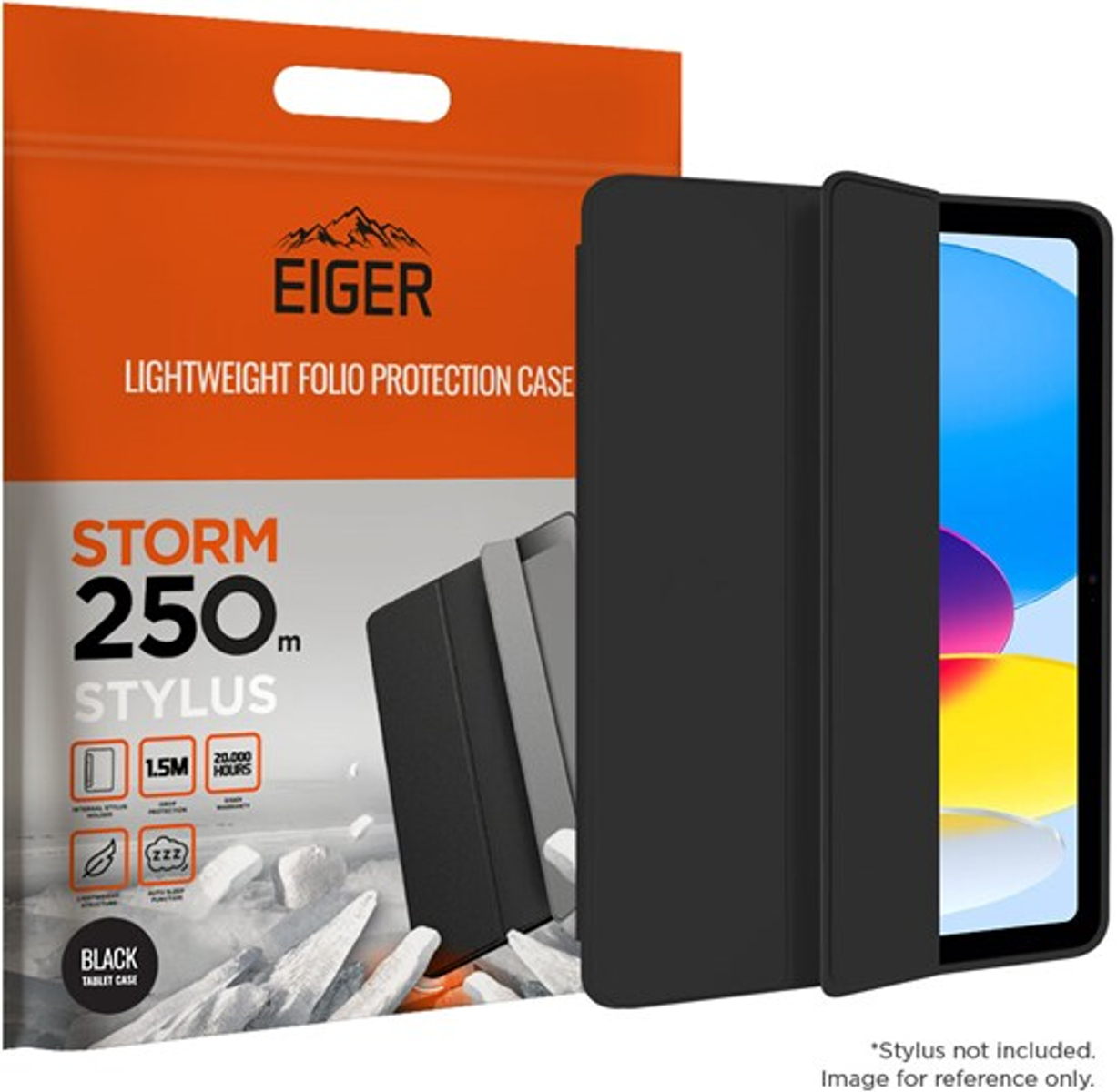 Sono mostrati una custodia nera per tablet e un iPad. La confezione della custodia è arancione e bianca, con le etichette 'EIGER' e 'STORM'.