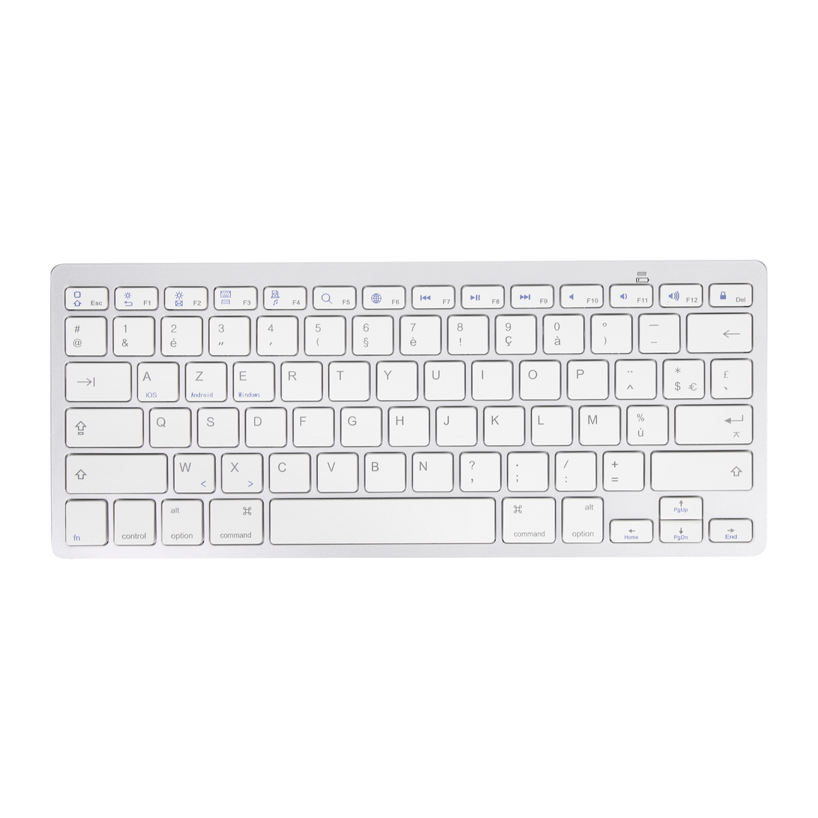 Eine weiße drahtlose Tastatur mit weißen Tasten und silbernem Rahmen. Tasten umfassen Buchstaben, Zahlen, Funktionstasten und Symbole.