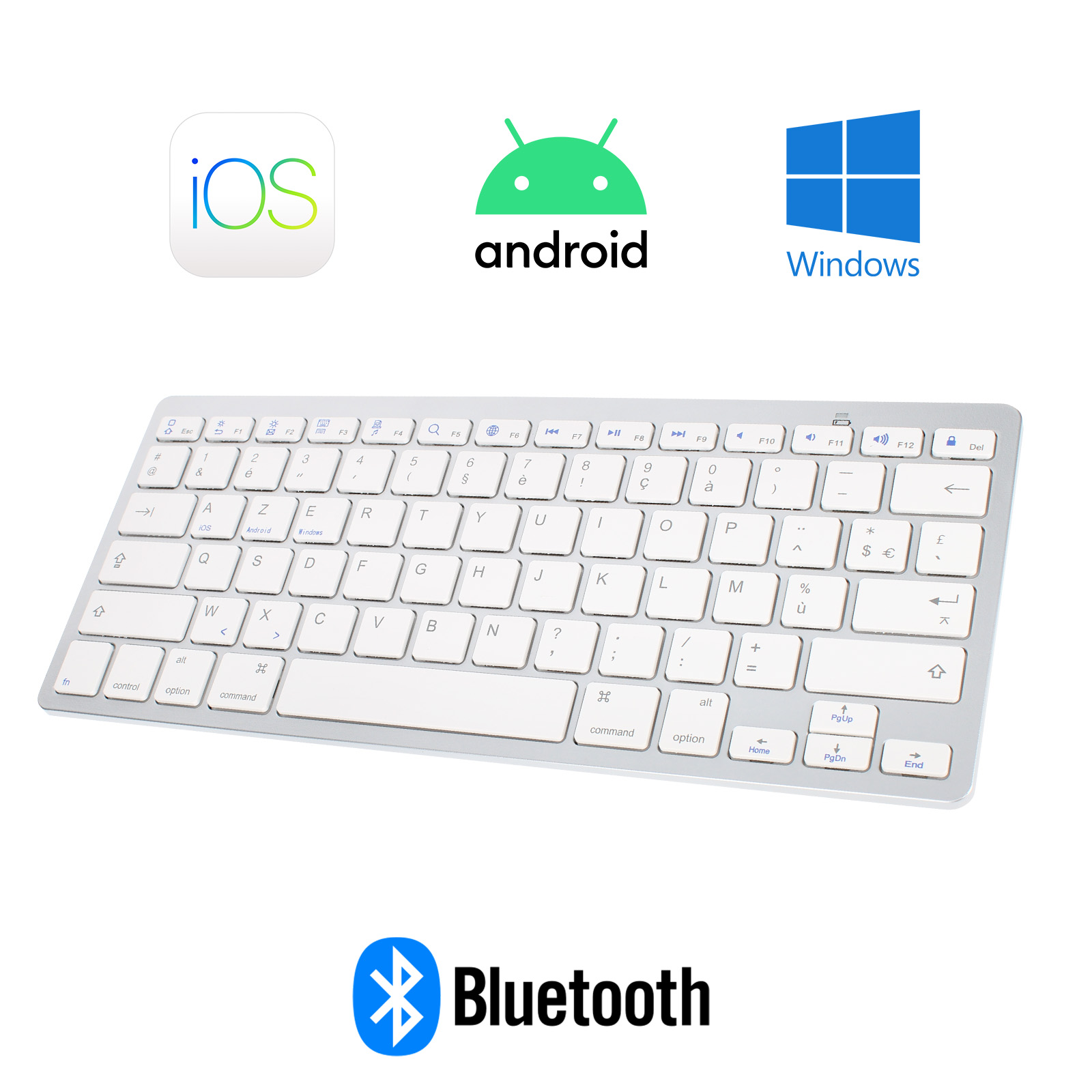 Eine weiße Tastatur mit iOS-, Android- und Windows-Logos. Unten ist ein Bluetooth-Symbol.
