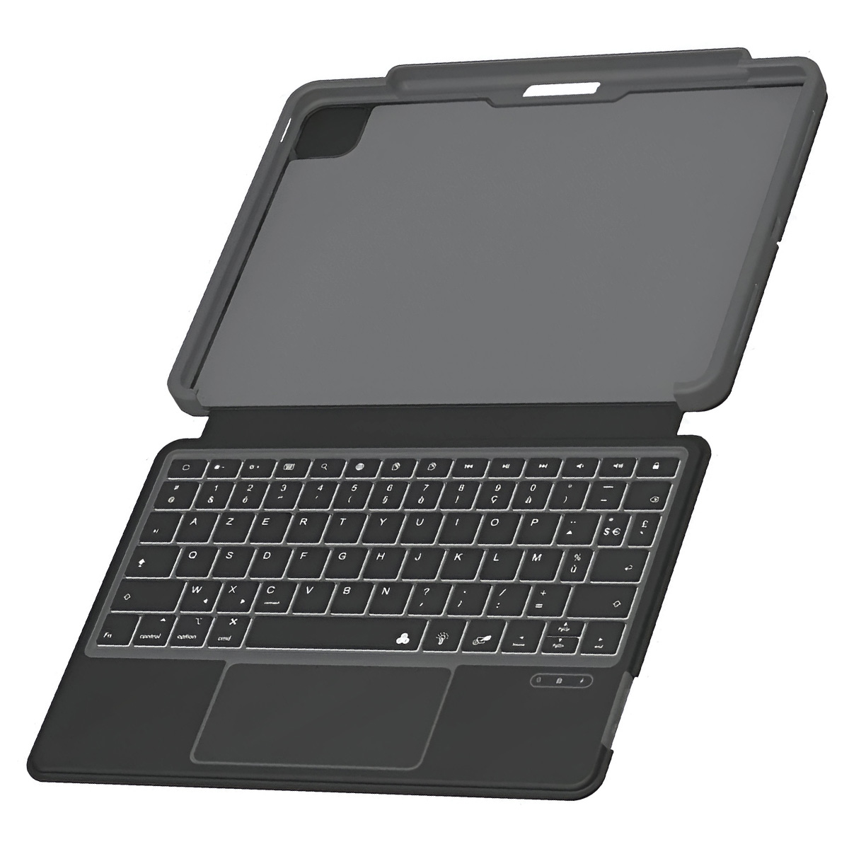 Una funda negra para teclado de tableta está abierta. El teclado está iluminado con teclas blancas. La pantalla es gris. La funda está sobre un fondo blanco.