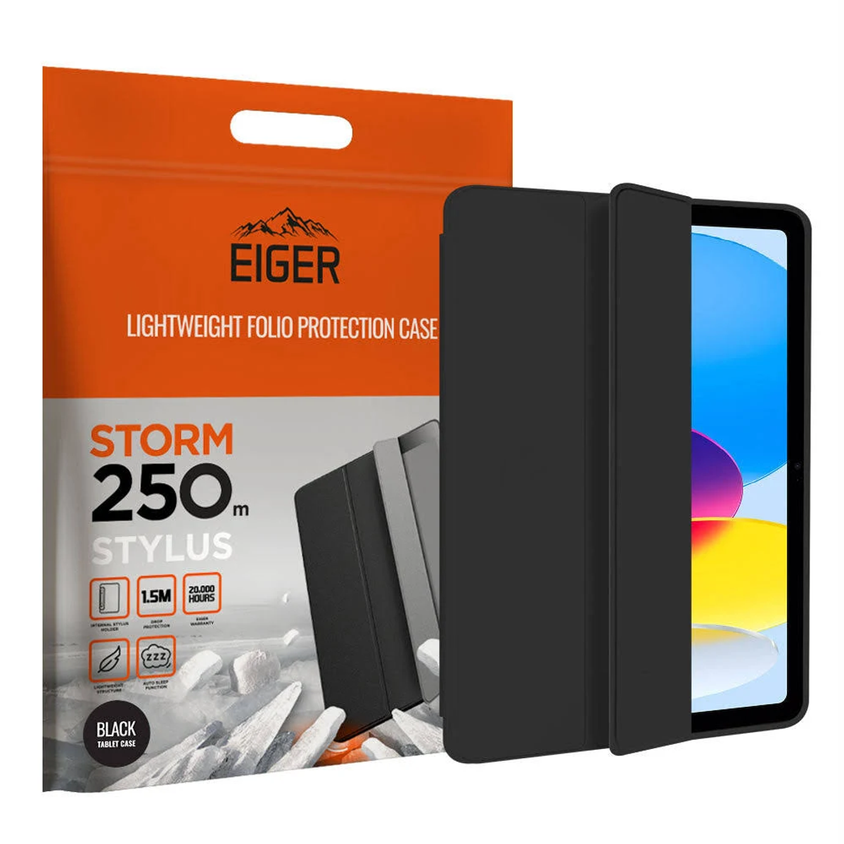 Una custodia per tablet Eiger con una cover nera e un tablet aperto. La confezione è arancione e bianca, con testo sulle caratteristiche.