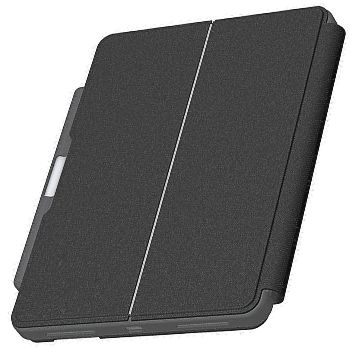 Una funda negra para tableta con una raya blanca y un portalápices lateral. La funda está cerrada e inclinada.