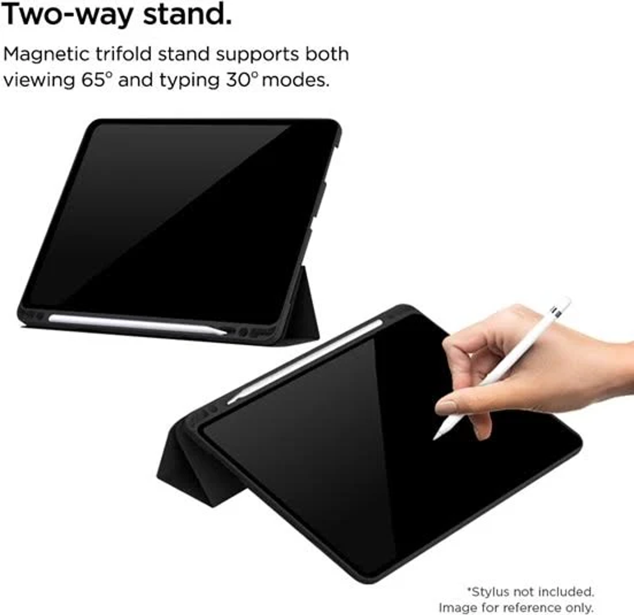 Due tablet neri su supporti, uno con stilo. L'immagine promuove un supporto magnetico a tre ante per la visualizzazione a 65° e la digitazione a 30°.