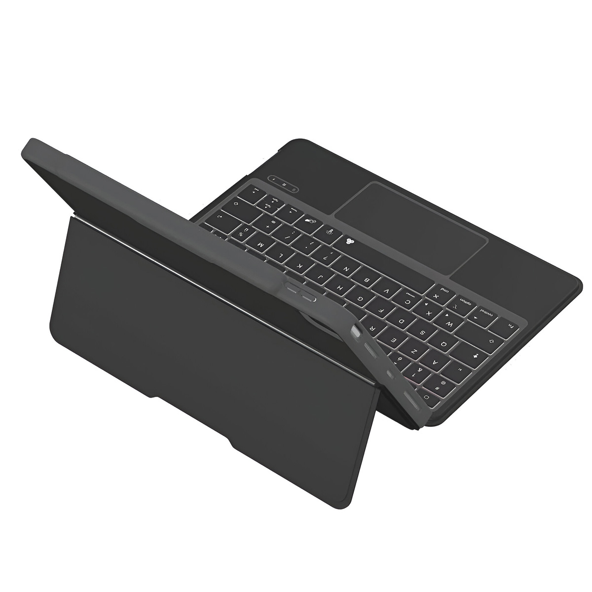 Un tablet nero con tastiera e touchpad collegati è mostrato su sfondo bianco. La tastiera è illuminata.