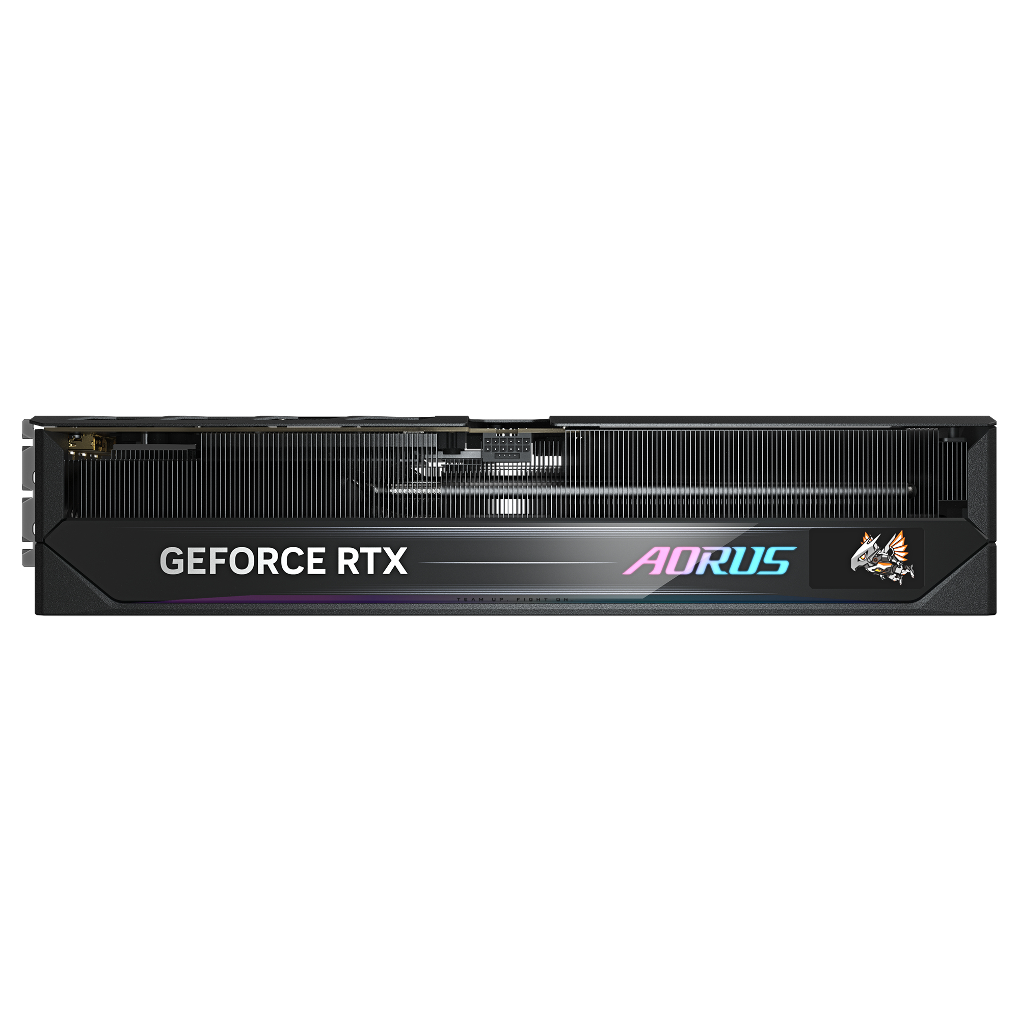Czarna karta graficzna z napisami 'GEFORCE RTX' i 'AORUS'. Tło jest białe.