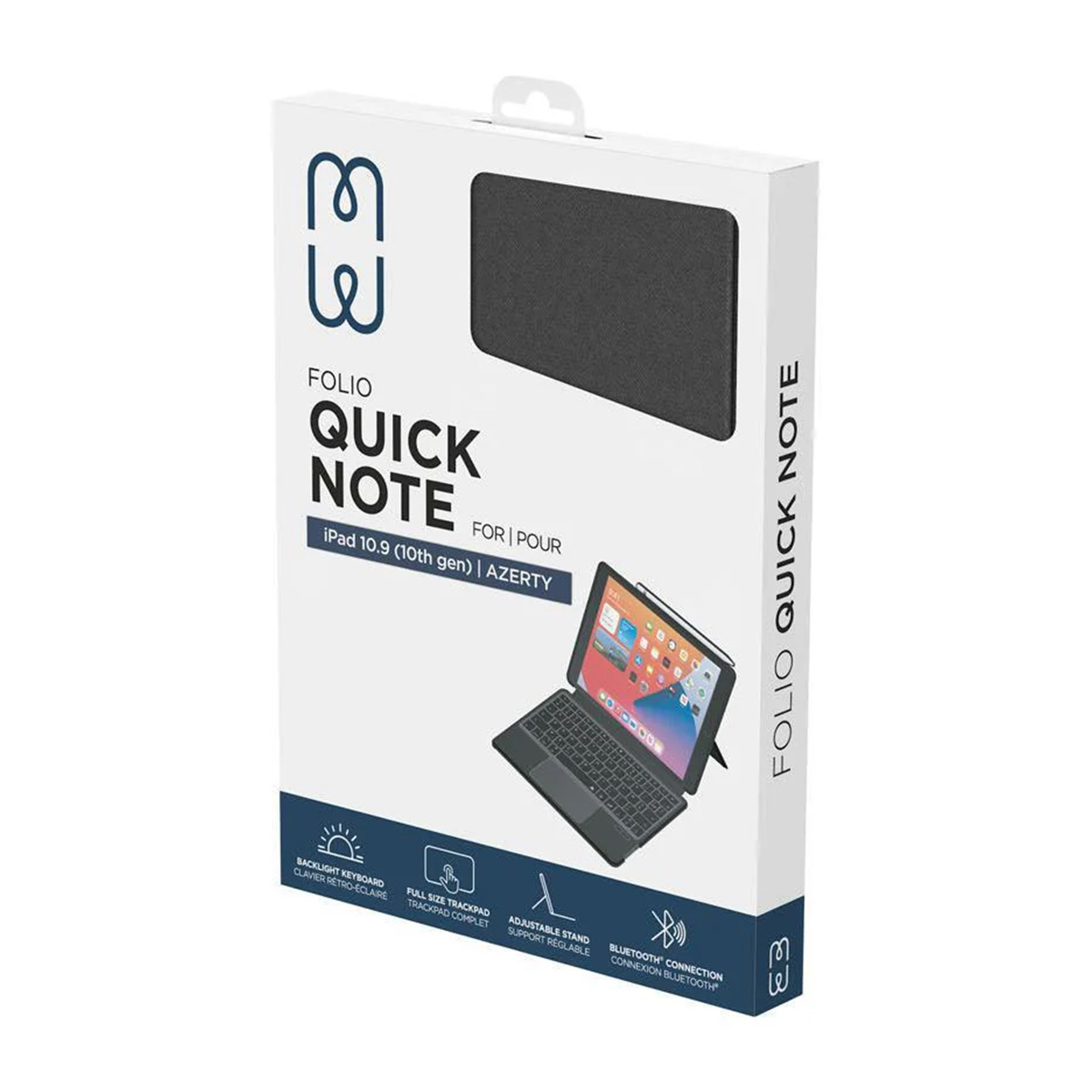 Una caja blanca con un teclado para tableta. La caja tiene el nombre 'FOLIO QUICK NOTE' y características como teclado retroiluminado.