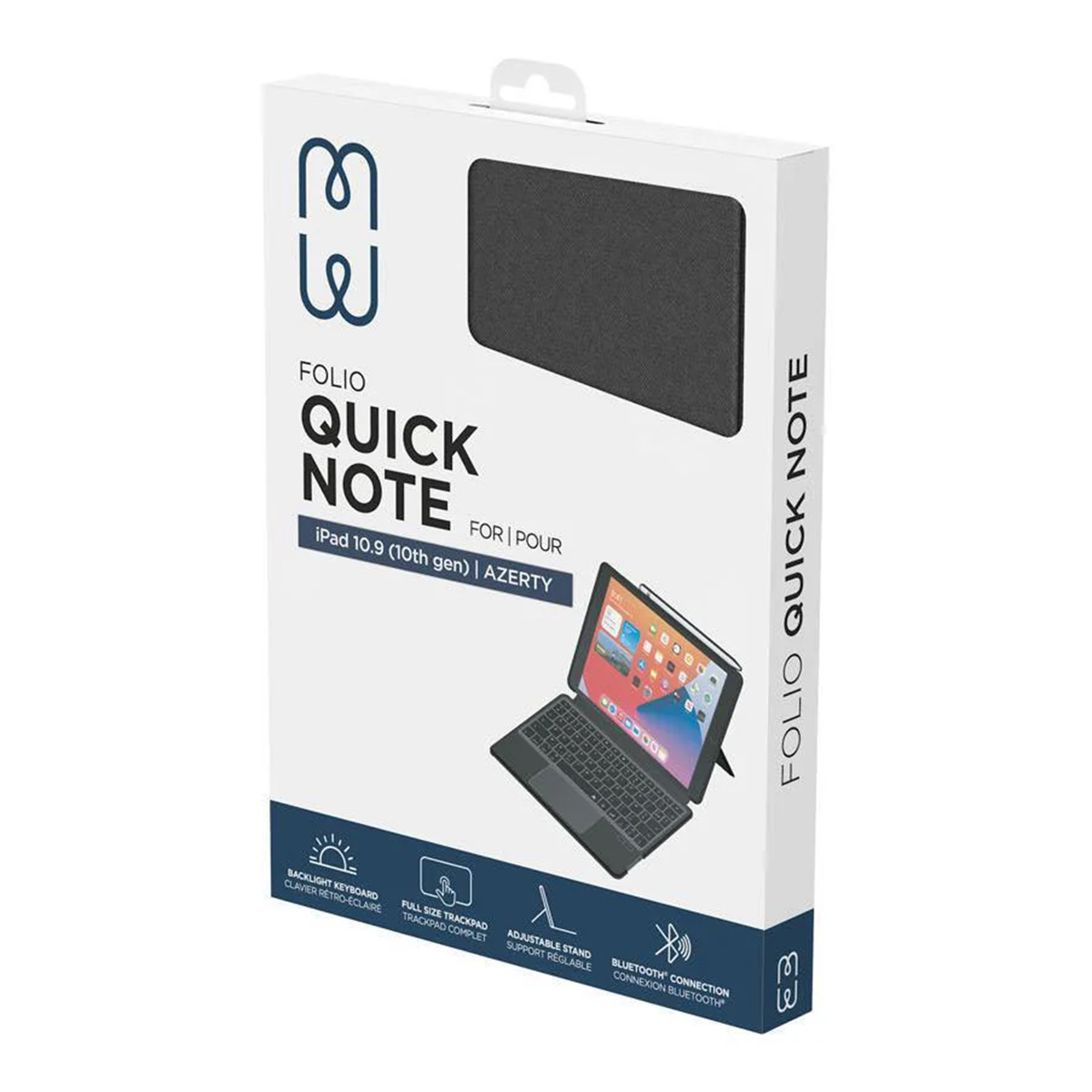 Una caja blanca muestra una funda con teclado para iPad con el texto 'FOLIO QUICK NOTE'. Se muestra un iPad en la funda. Hay iconos en la parte inferior.