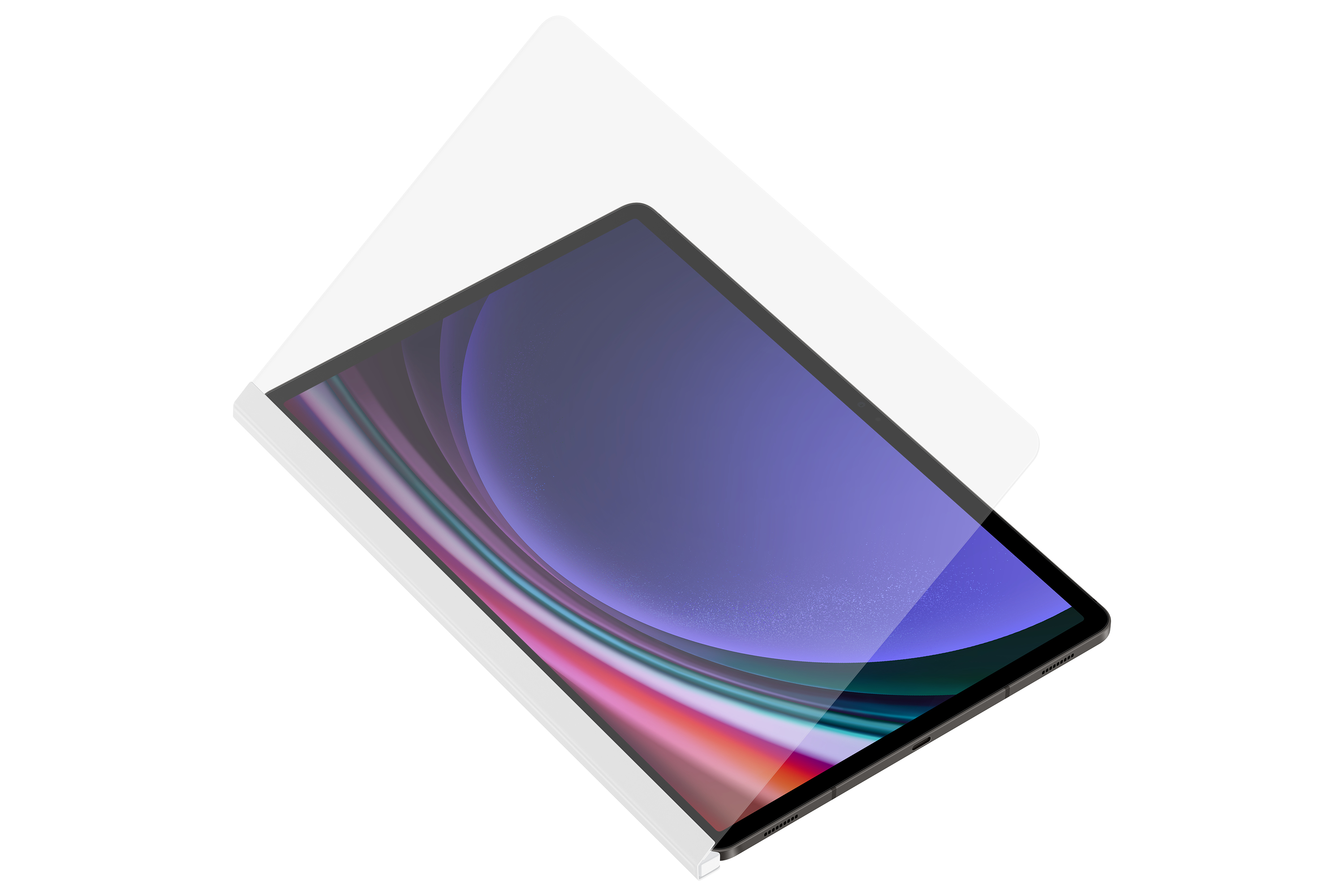 Un tablet angolato, schermo con sfumature viola e rosse, è parzialmente coperto da una protezione bianca, su sfondo bianco.