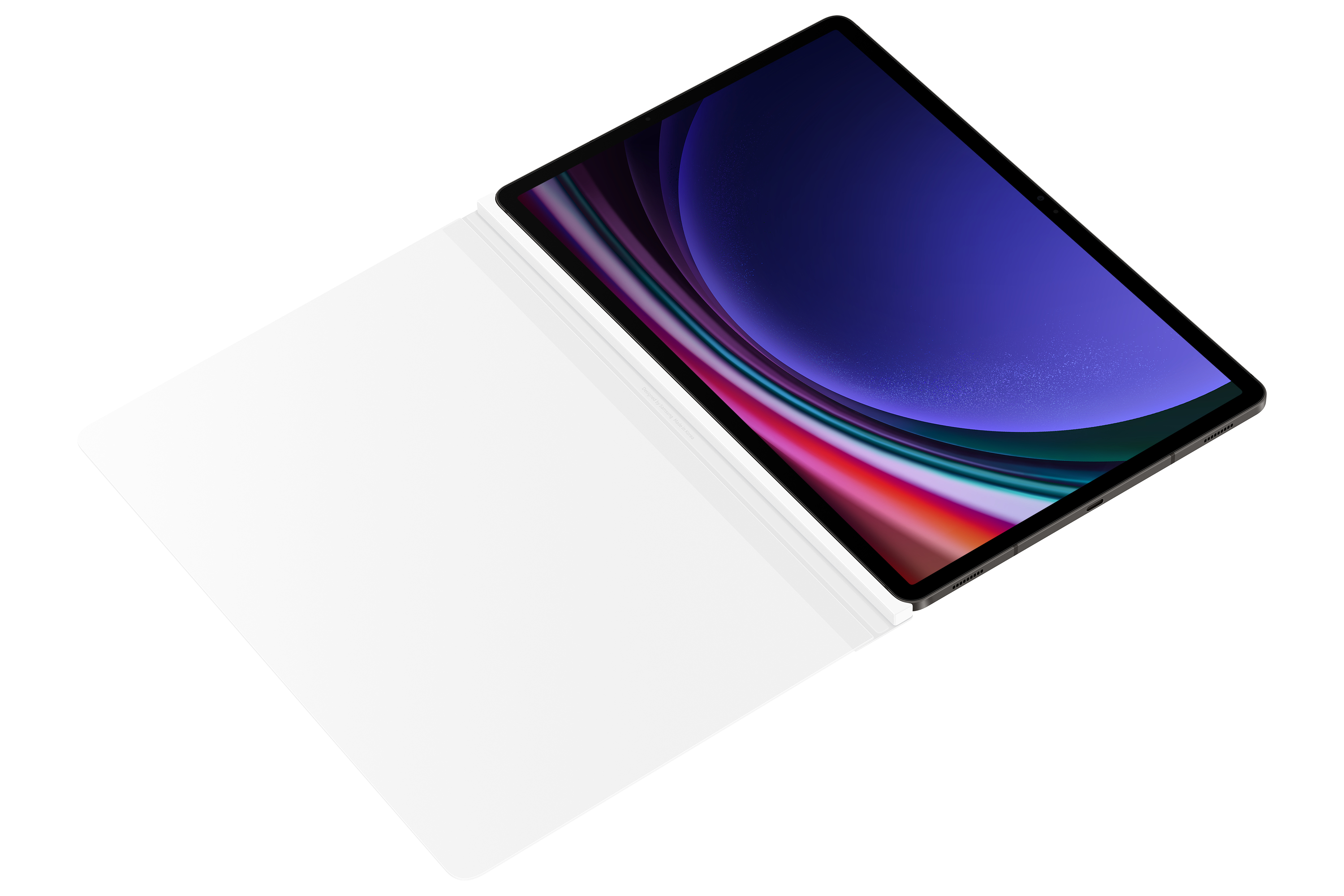 Tablet con schermo colorato, aperto per rivelare una cover bianca. Lo sfondo è bianco.