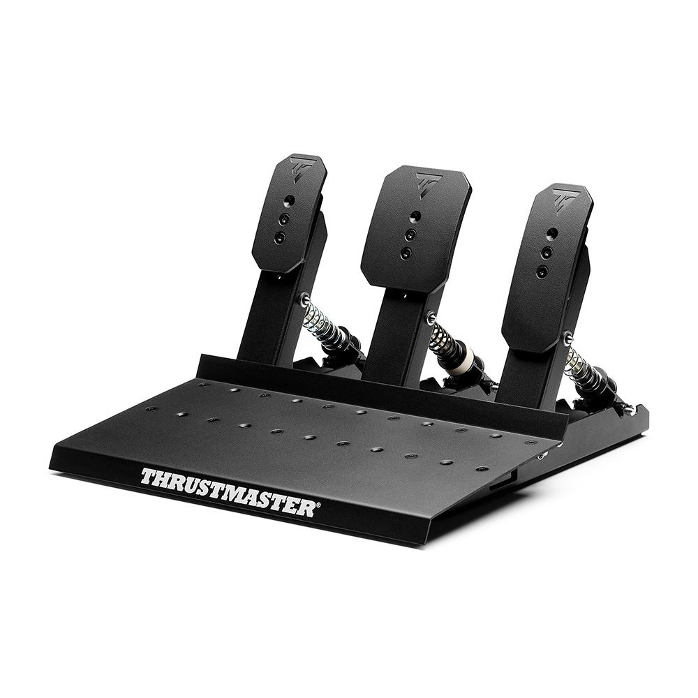 Schwarzes Thrustmaster-Pedalset. Drei Pedale mit Federn und einer schwarzen Basis. Thrustmaster-Logo auf der Basis sichtbar.