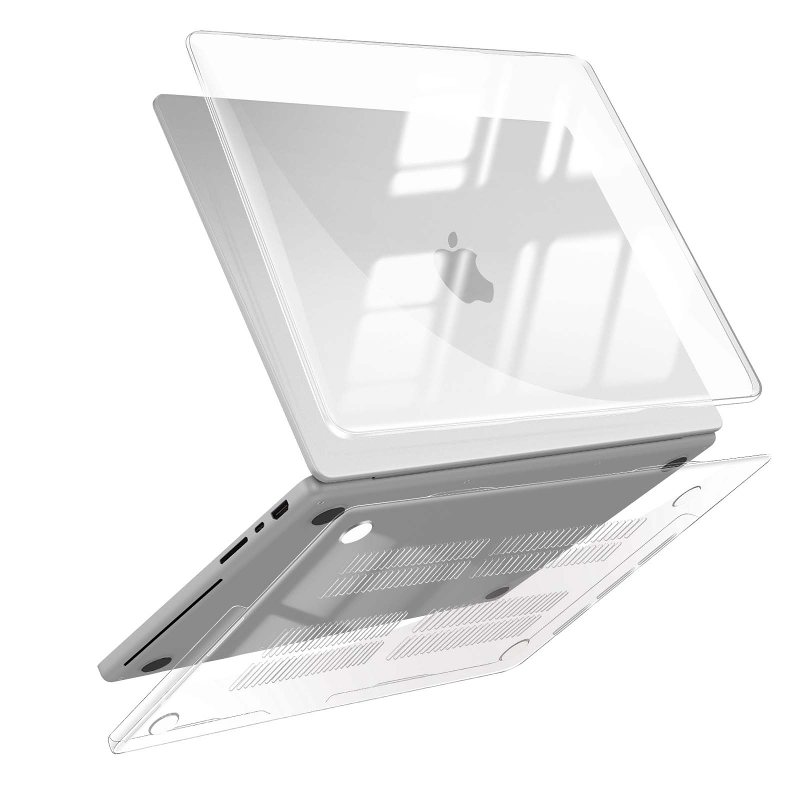 Una custodia trasparente per laptop, parzialmente aperta, rivela il logo Apple sul coperchio. La custodia sembra essere di plastica trasparente.