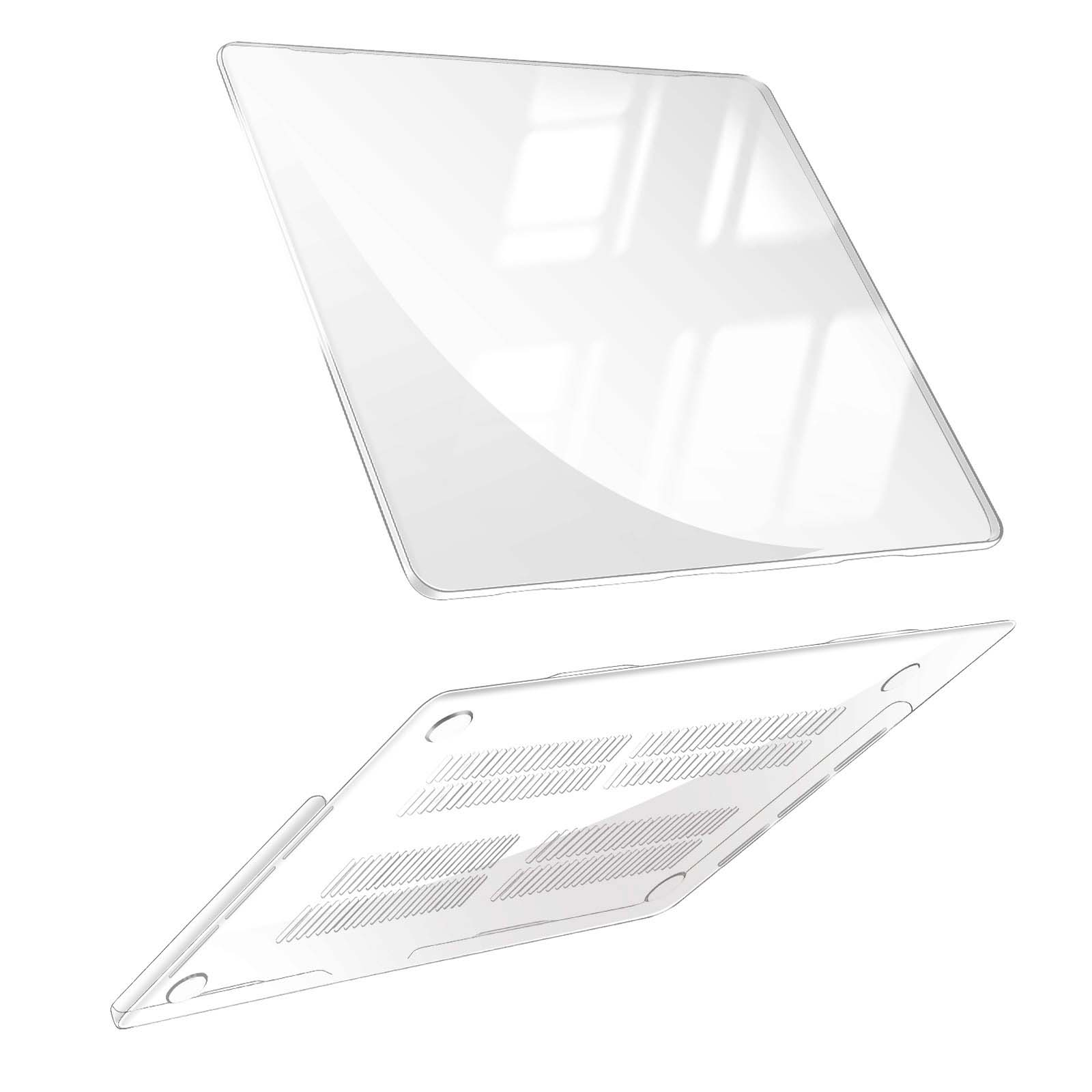 Componenti trasparenti della custodia del laptop, superiore e inferiore, su sfondo bianco. La parte superiore fluttua sopra quella inferiore.
