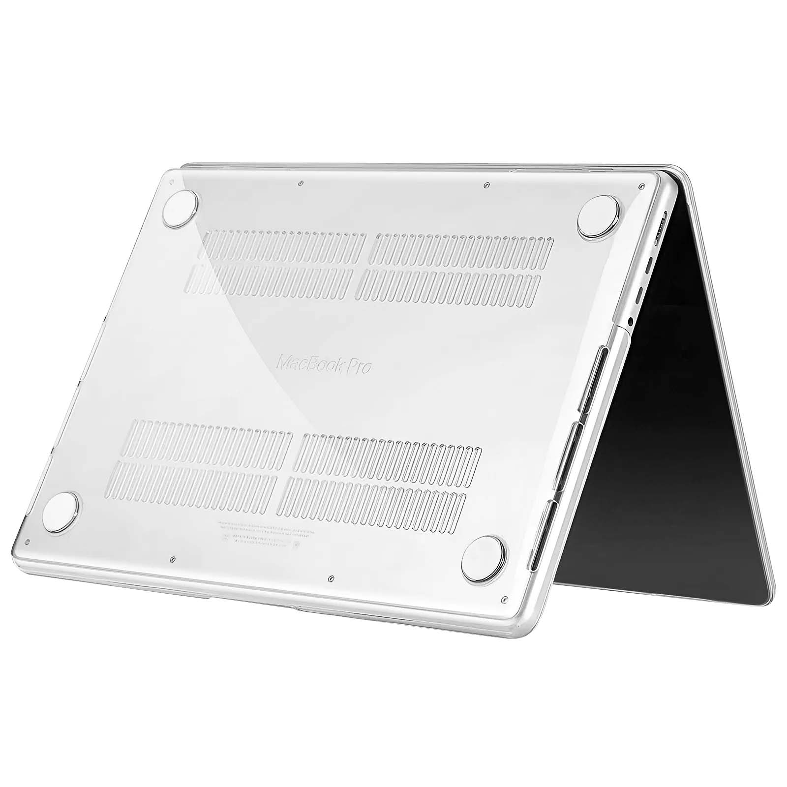 Custodia trasparente per laptop. Modello MacBook Pro visibile attraverso la custodia. Schermo nero parzialmente visibile.