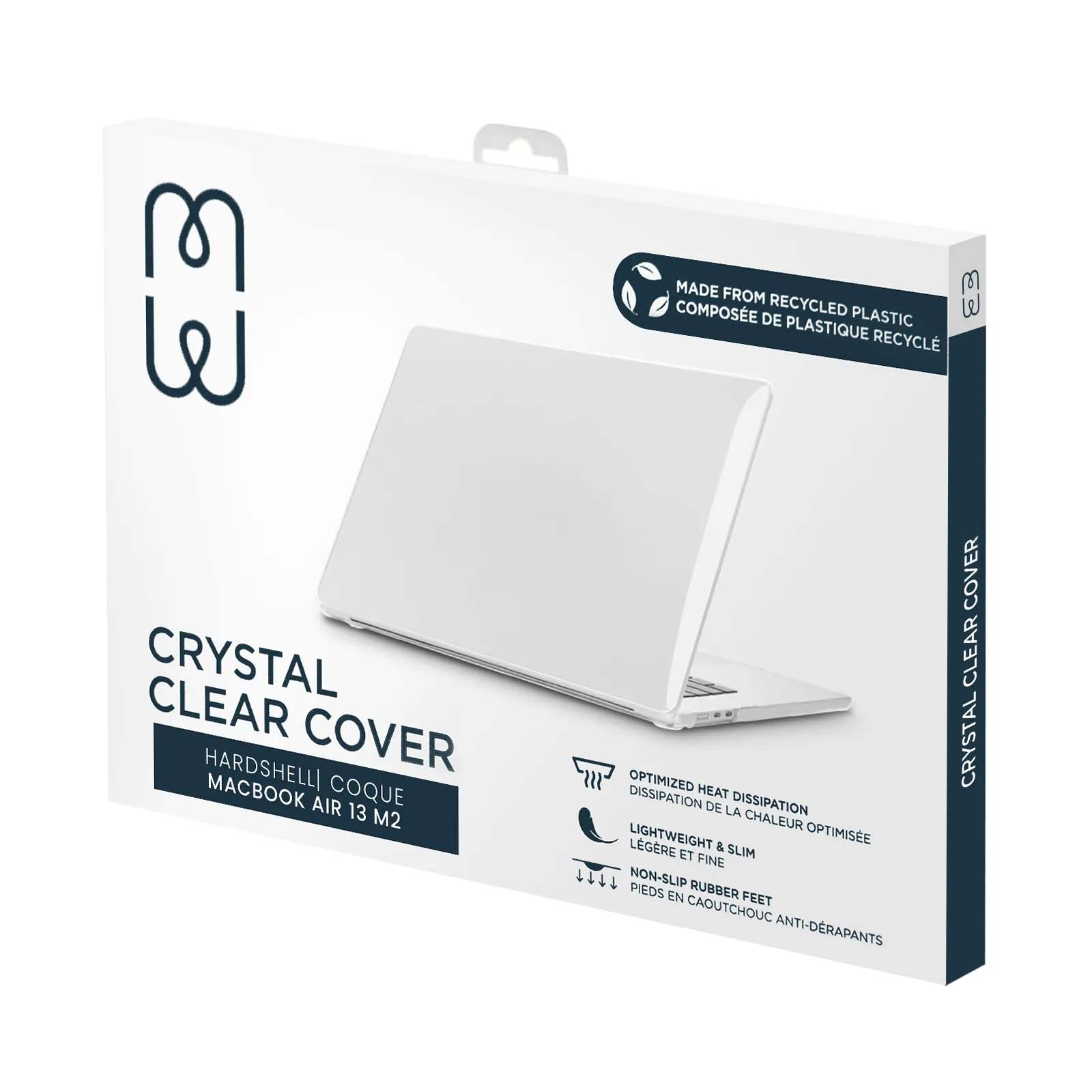 Una scatola bianca per la cover del laptop. Dice 'Crystal Clear Cover' e 'Realizzato in plastica riciclata'. Un MacBook Air è nella scatola.