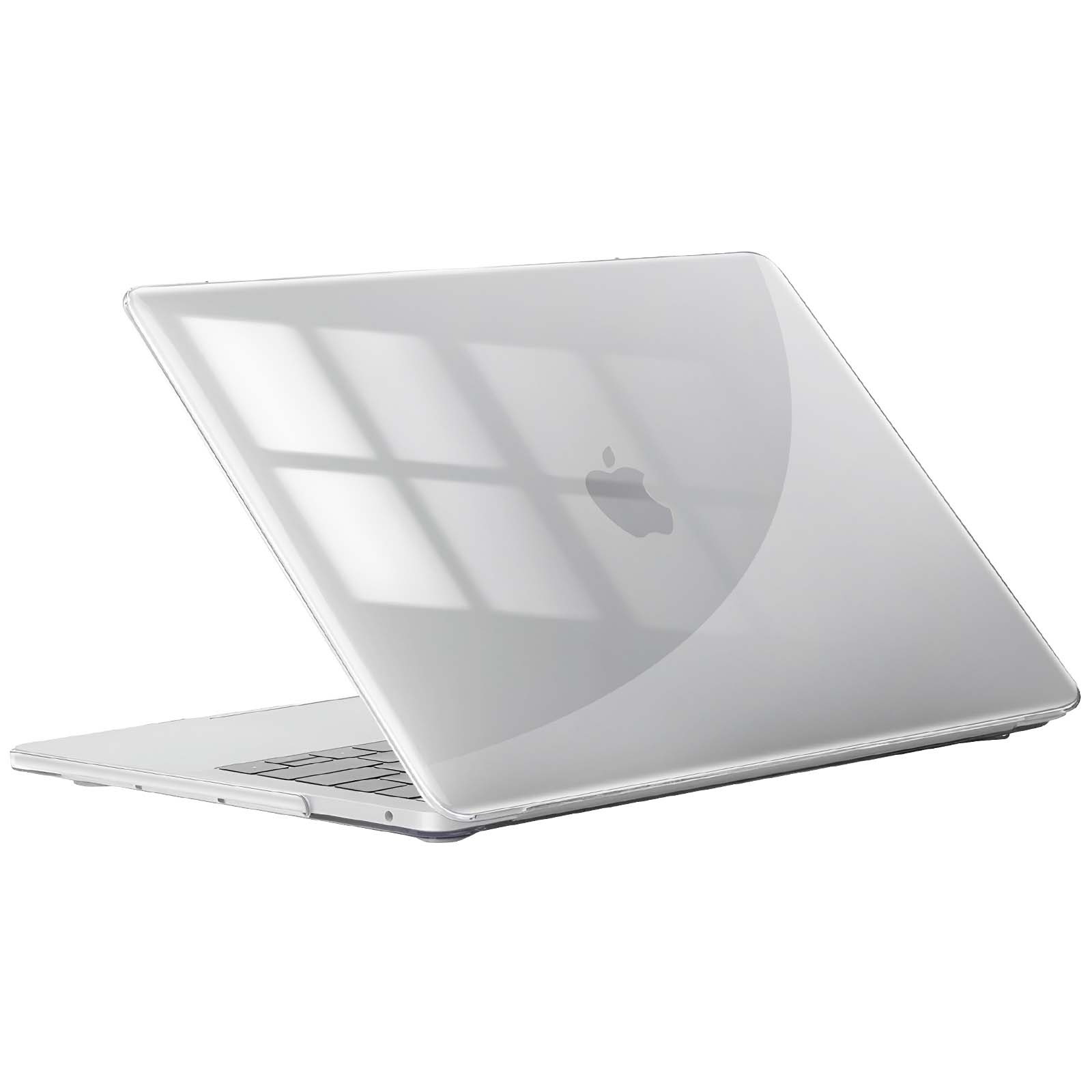 Un laptop argentato è leggermente aperto. Sul retro è presente una copertura trasparente. Logo Apple visibile.