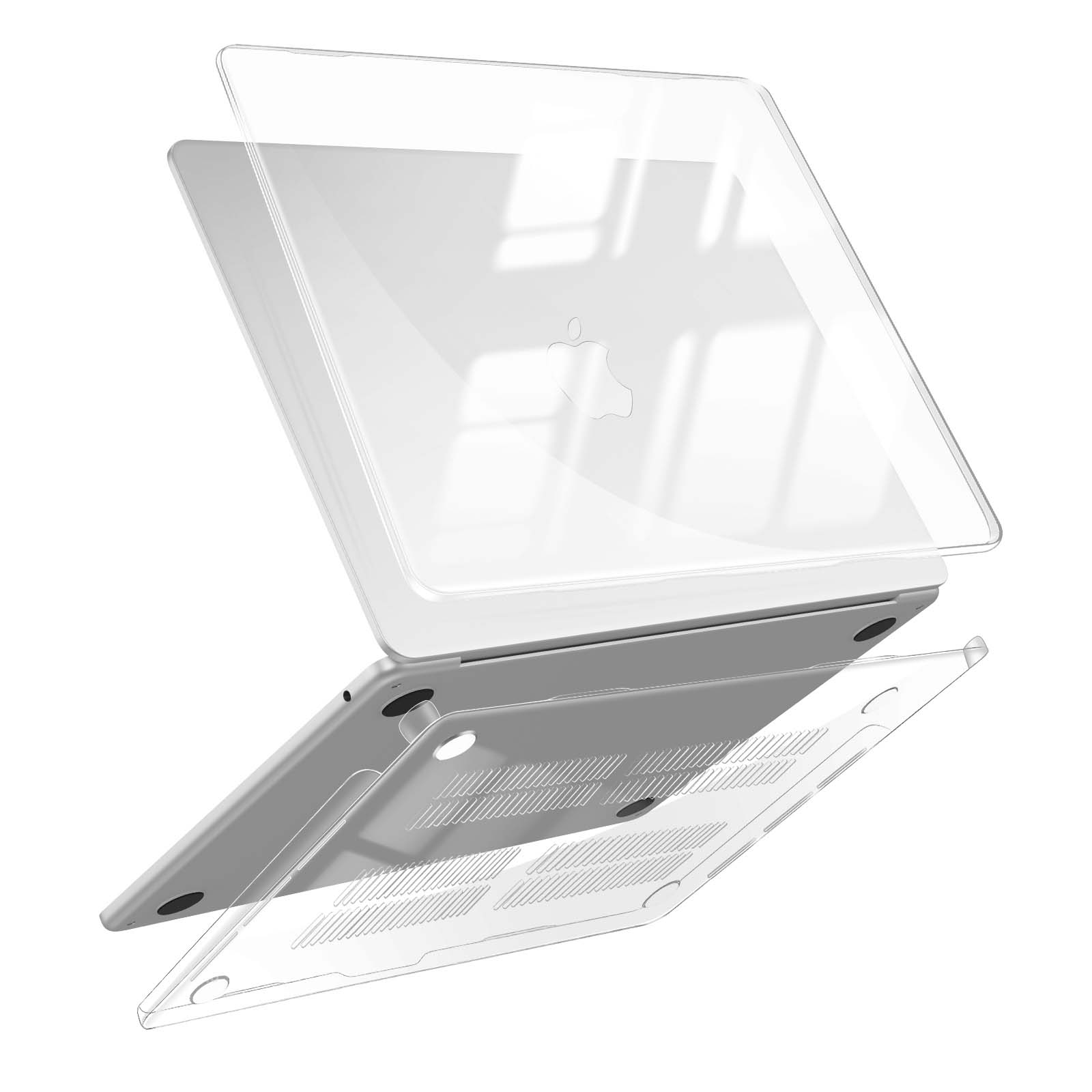 Un laptop con una cover trasparente è mostrato da una prospettiva angolata, con cover e base separate, su sfondo bianco.