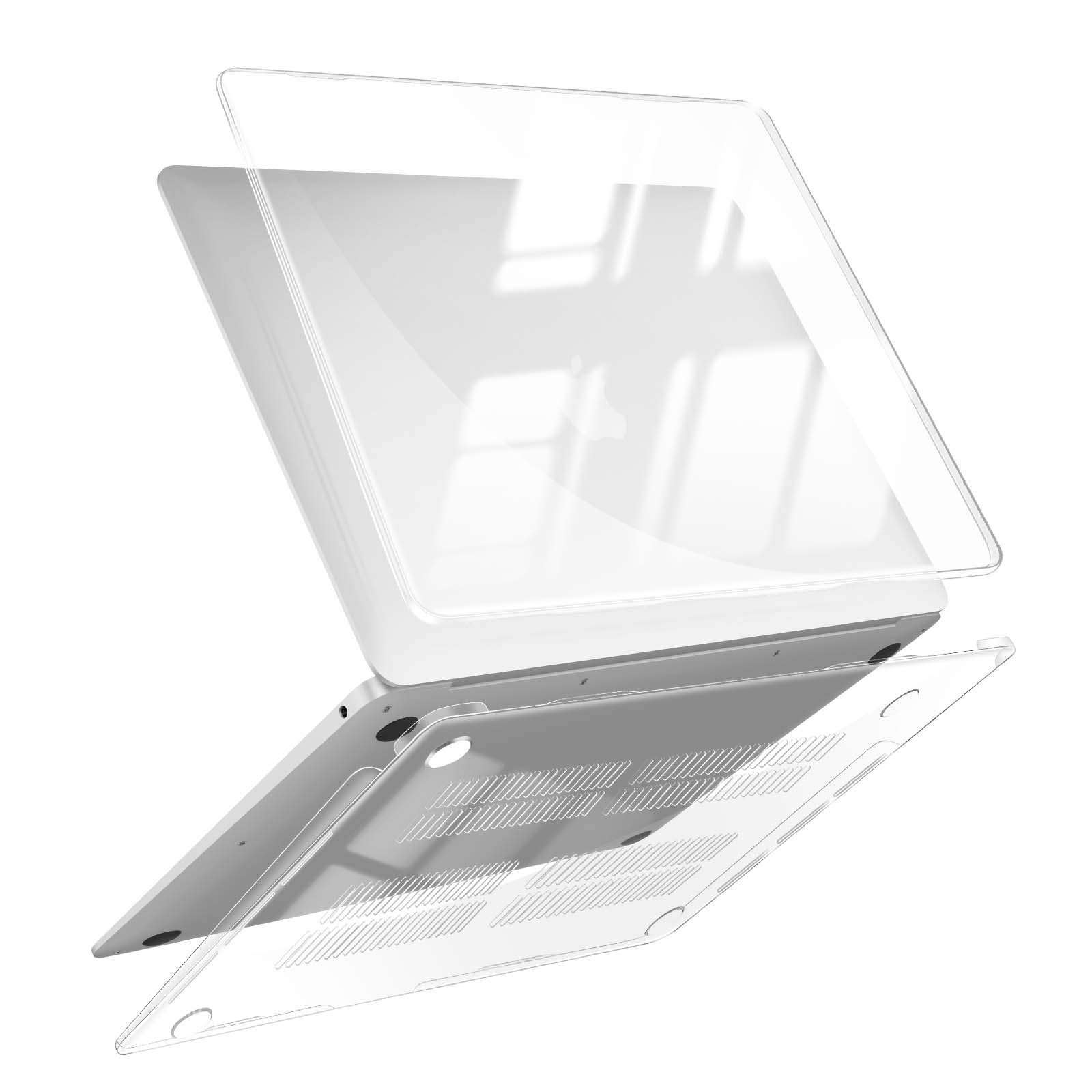 Laptop con custodie protettive trasparenti. Il laptop è argentato con una custodia trasparente superiore e inferiore, su sfondo bianco.