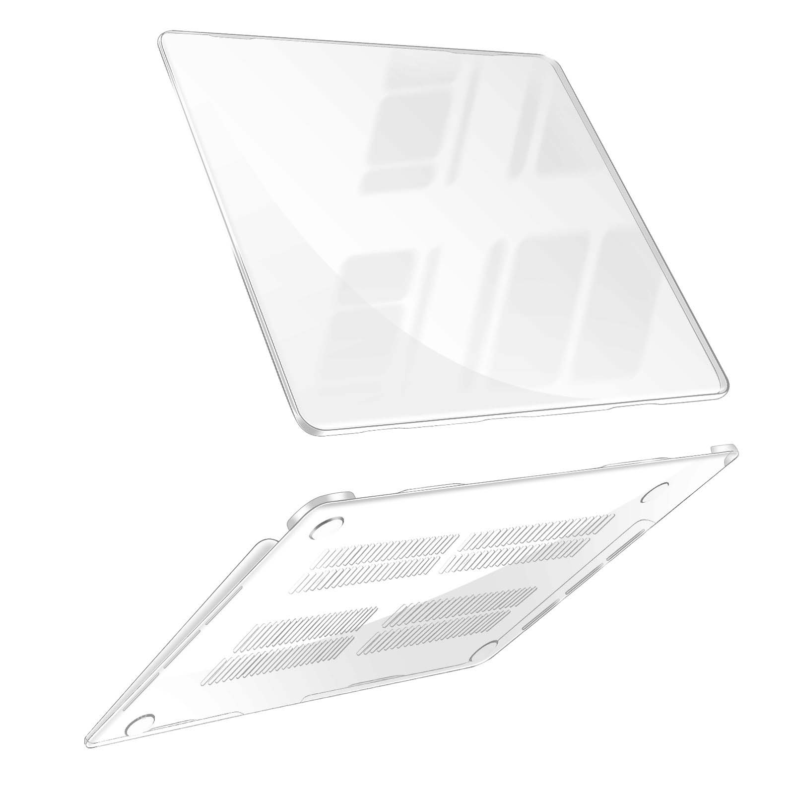 Pezzi di custodia trasparente per laptop. Uno staccato dall'altro. Entrambi sono bianchi e angolari.