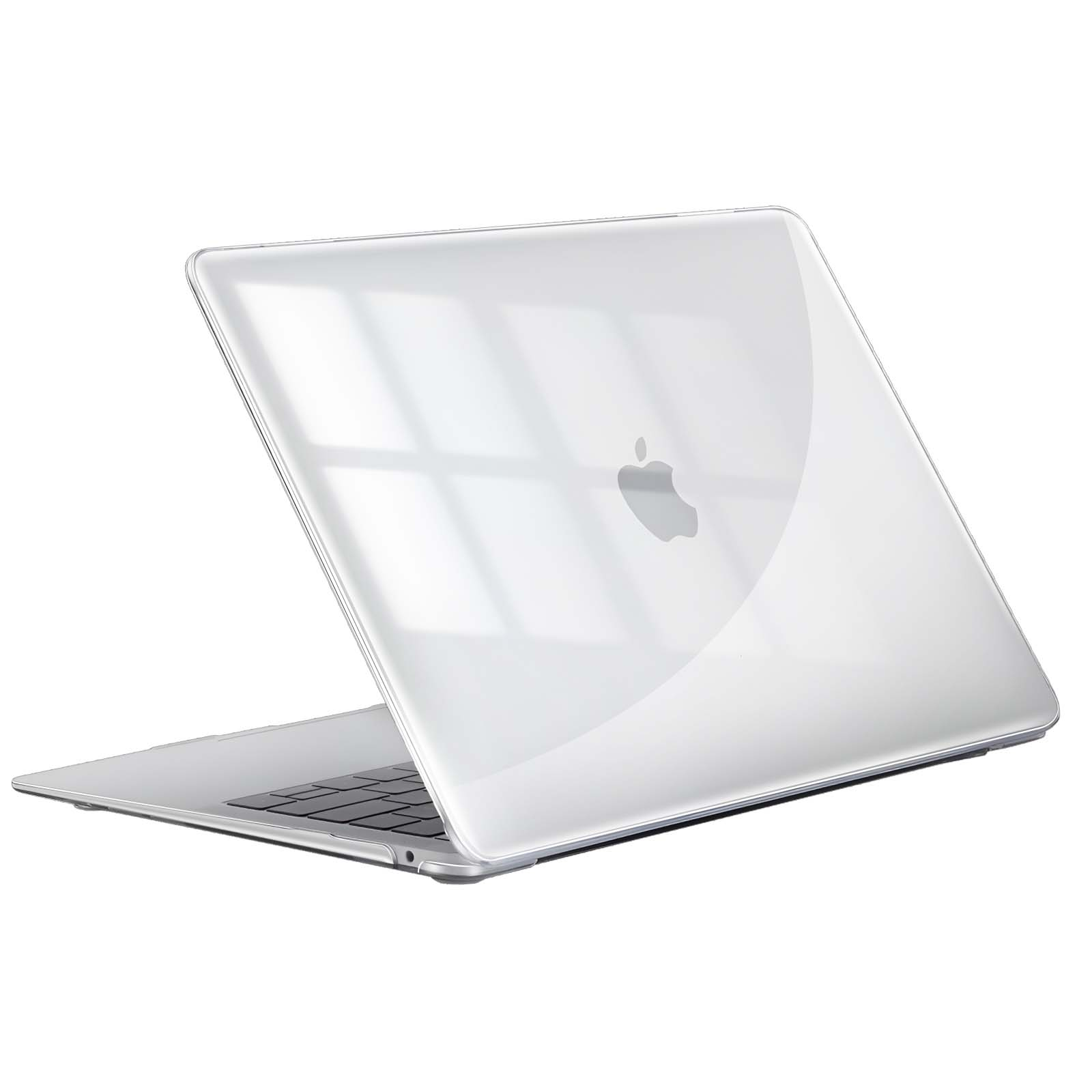 Un laptop MacBook argentato, con una cover protettiva trasparente. Il logo Apple è visibile sul coperchio. Lo sfondo è bianco.