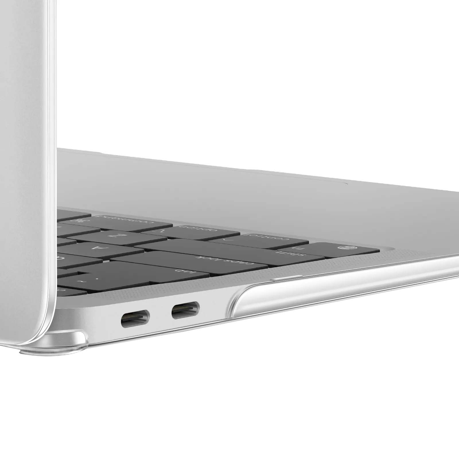 Primo piano di un laptop argentato. I tasti della tastiera sono neri, con una custodia trasparente. Due porte visibili.