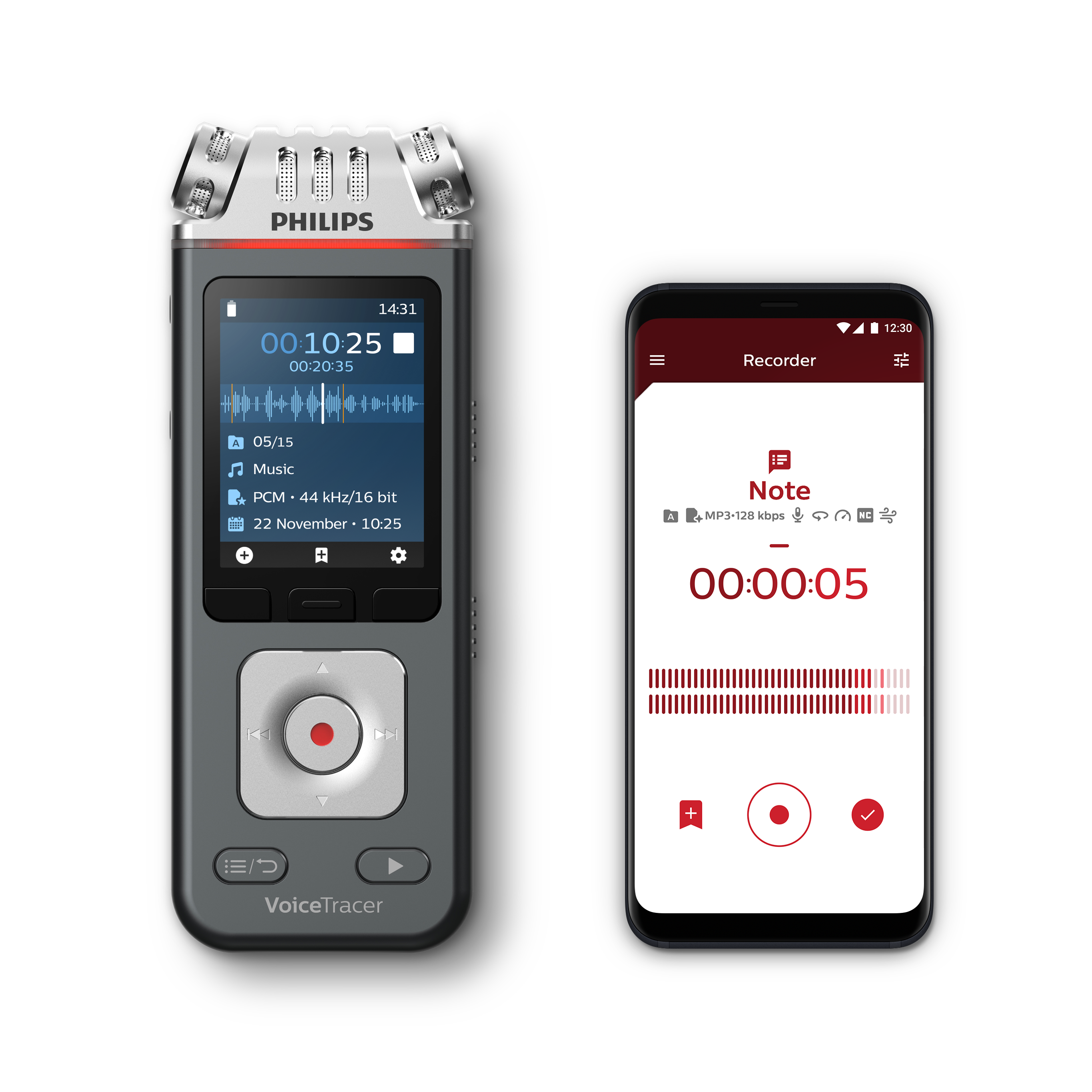 Ein grauer Philips VoiceTracer-Rekorder und ein Telefon, das eine Aufnahmeanwendungsoberfläche anzeigt, auf weißem Hintergrund.