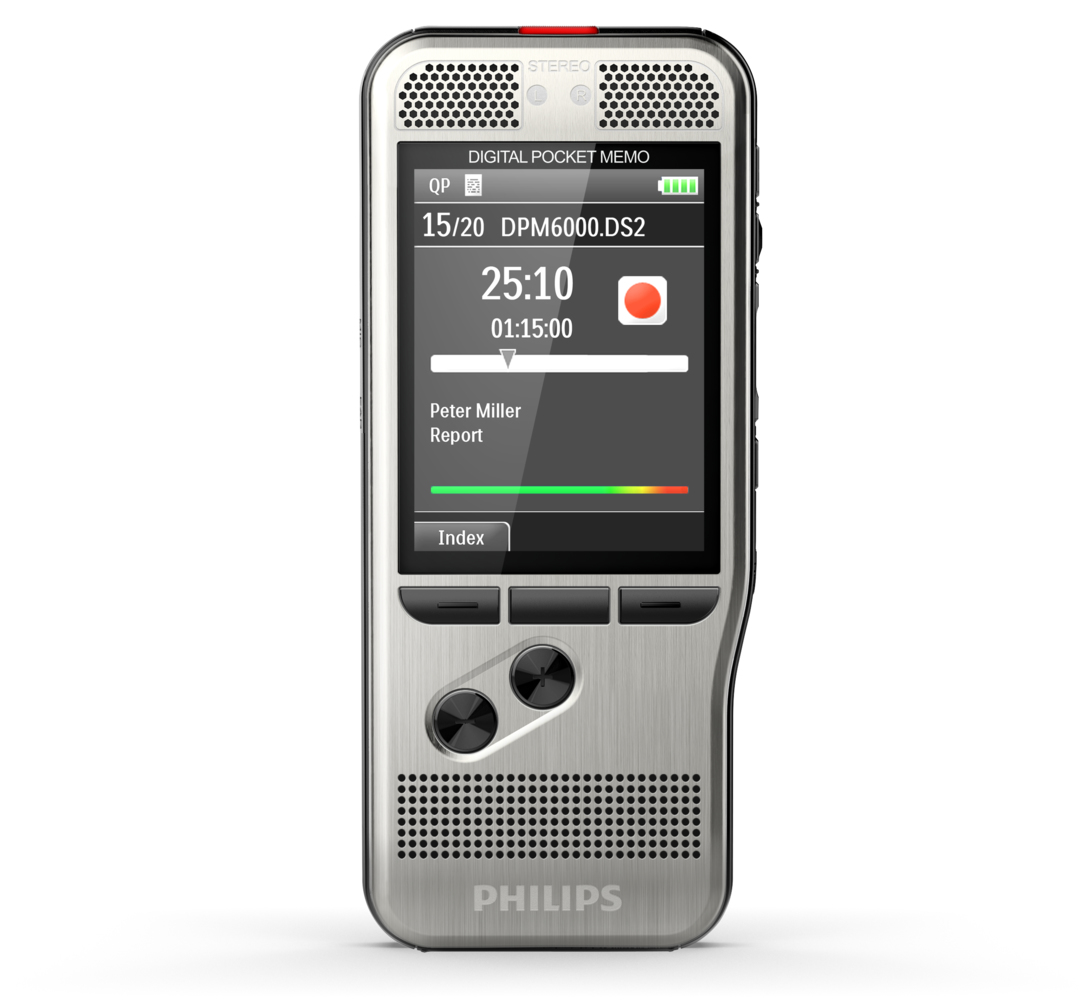 Ein silbernes Philips Digital Pocket Memo zeigt Aufnahmeinformationen. Der Bildschirm zeigt Zeit, Aufnahmetaste und Fortschrittsbalken. Das Gerät hat Tasten.